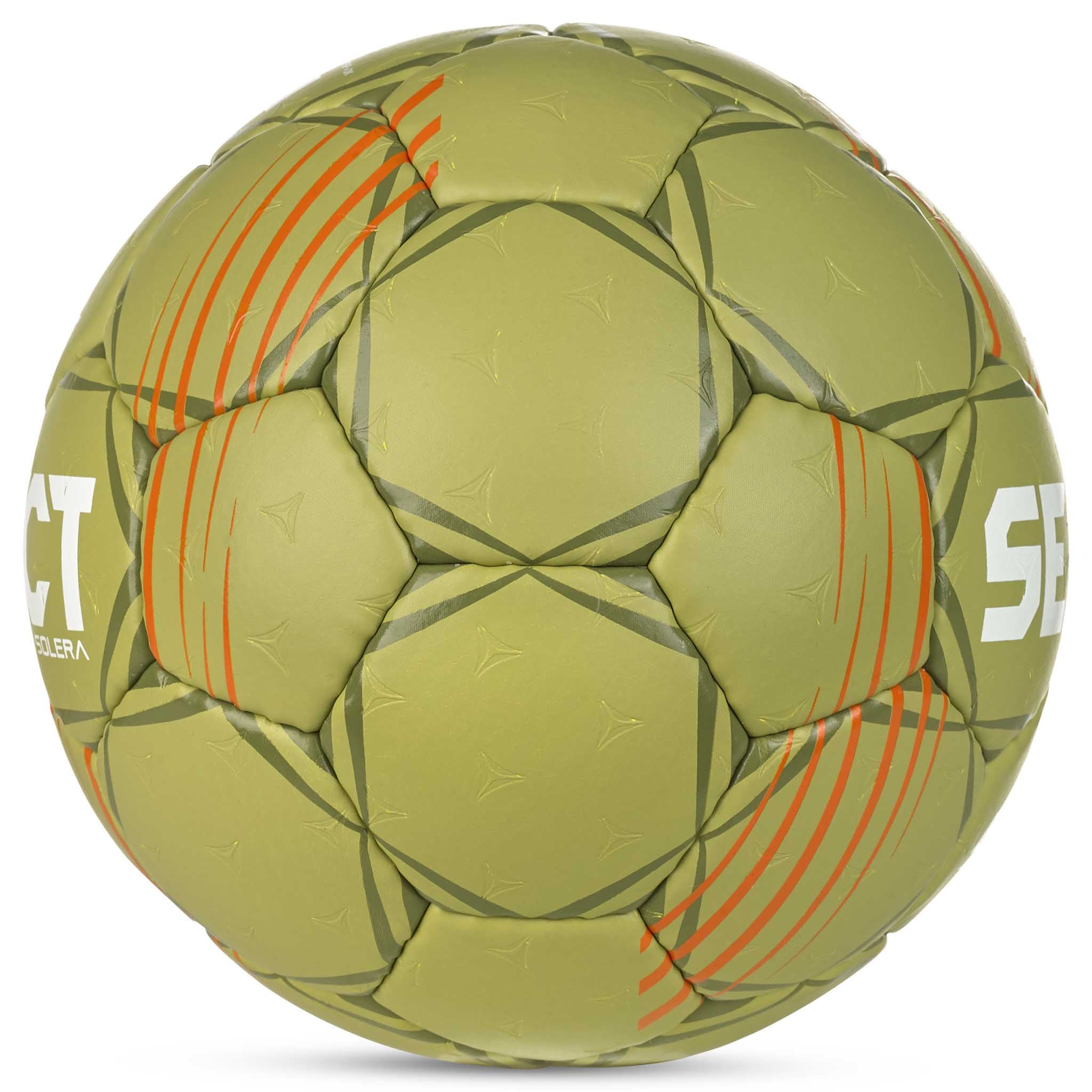 Grön Solera v24 handboll med orange detaljer, sedd från höger sida