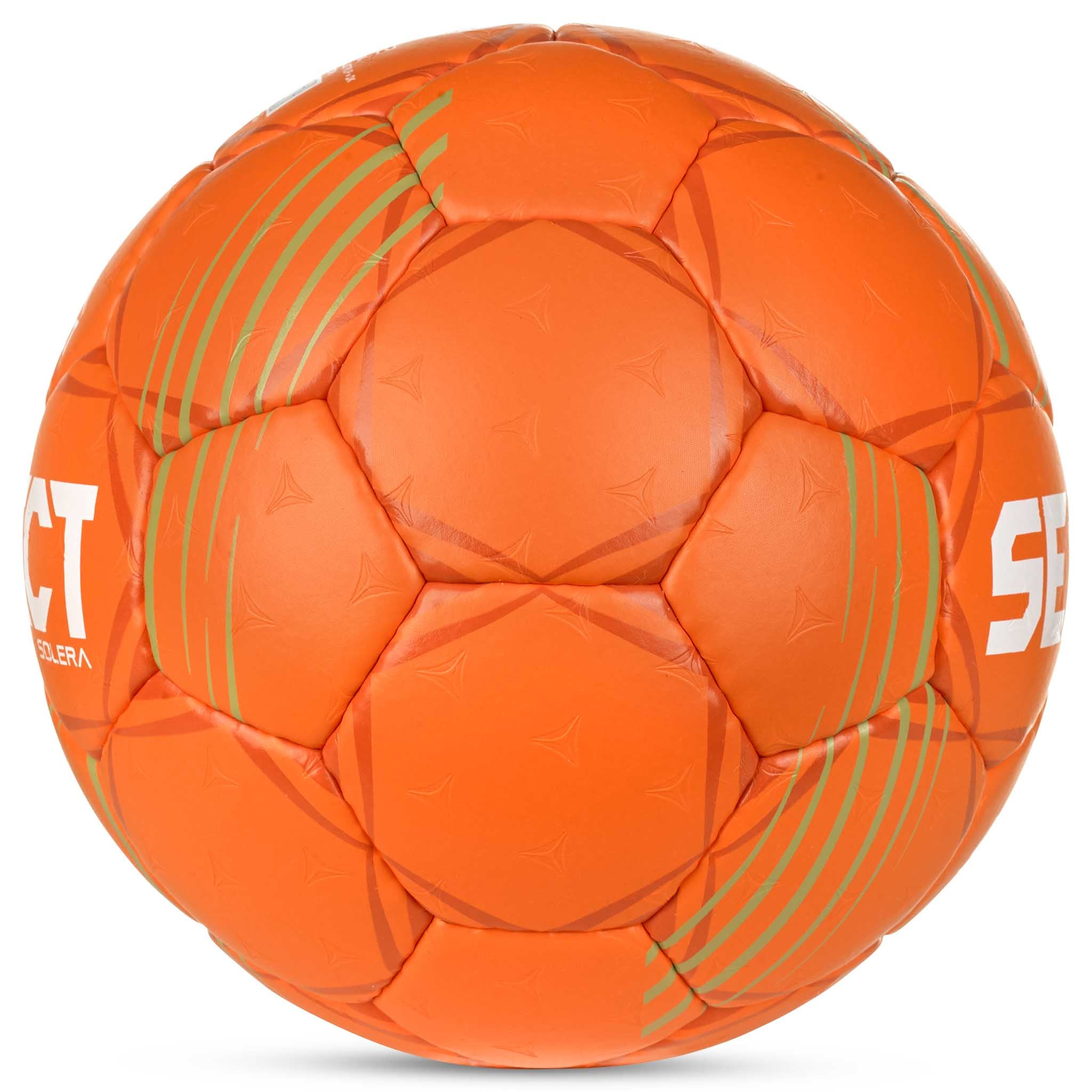 Orange Solera v24 handboll med gröna detaljer, sedd från höger sida.