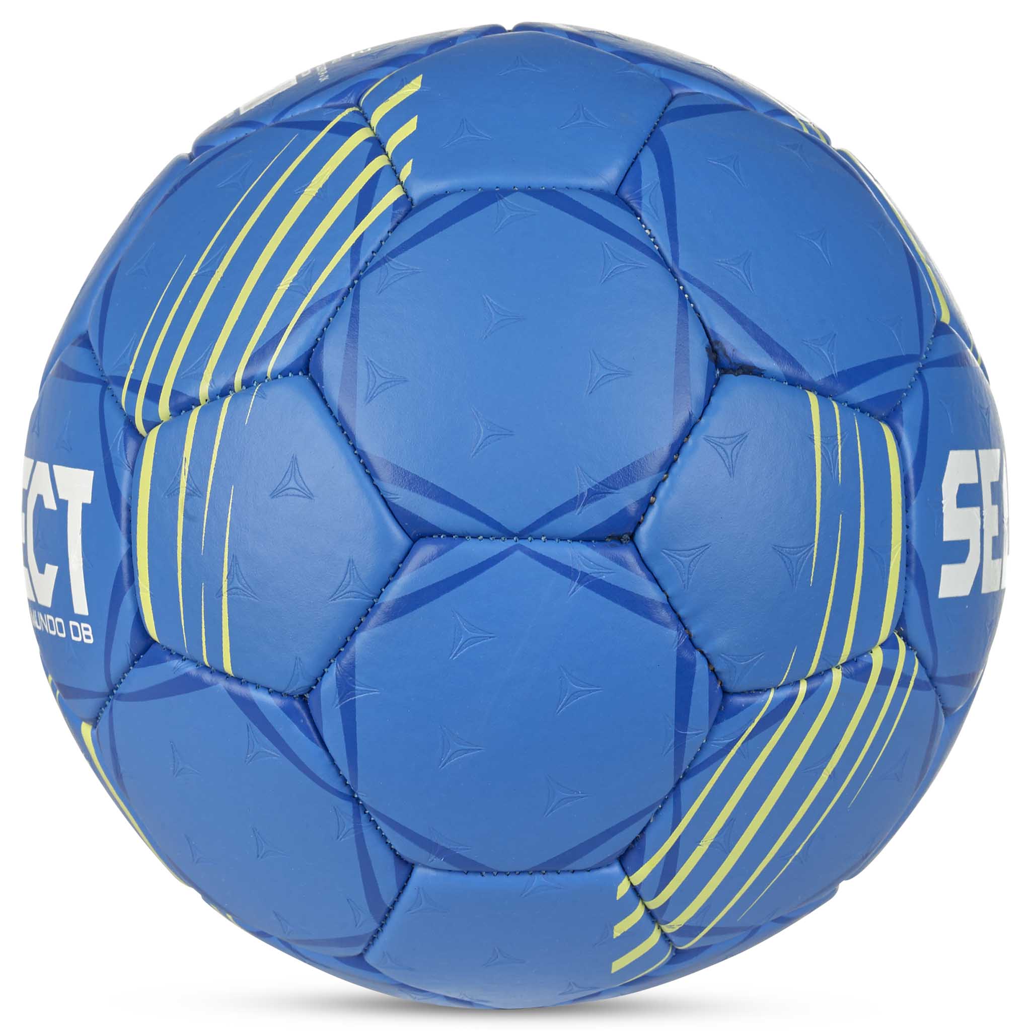 Blå Mundo DB v24 handboll med gula detaljer, sedd från höger.