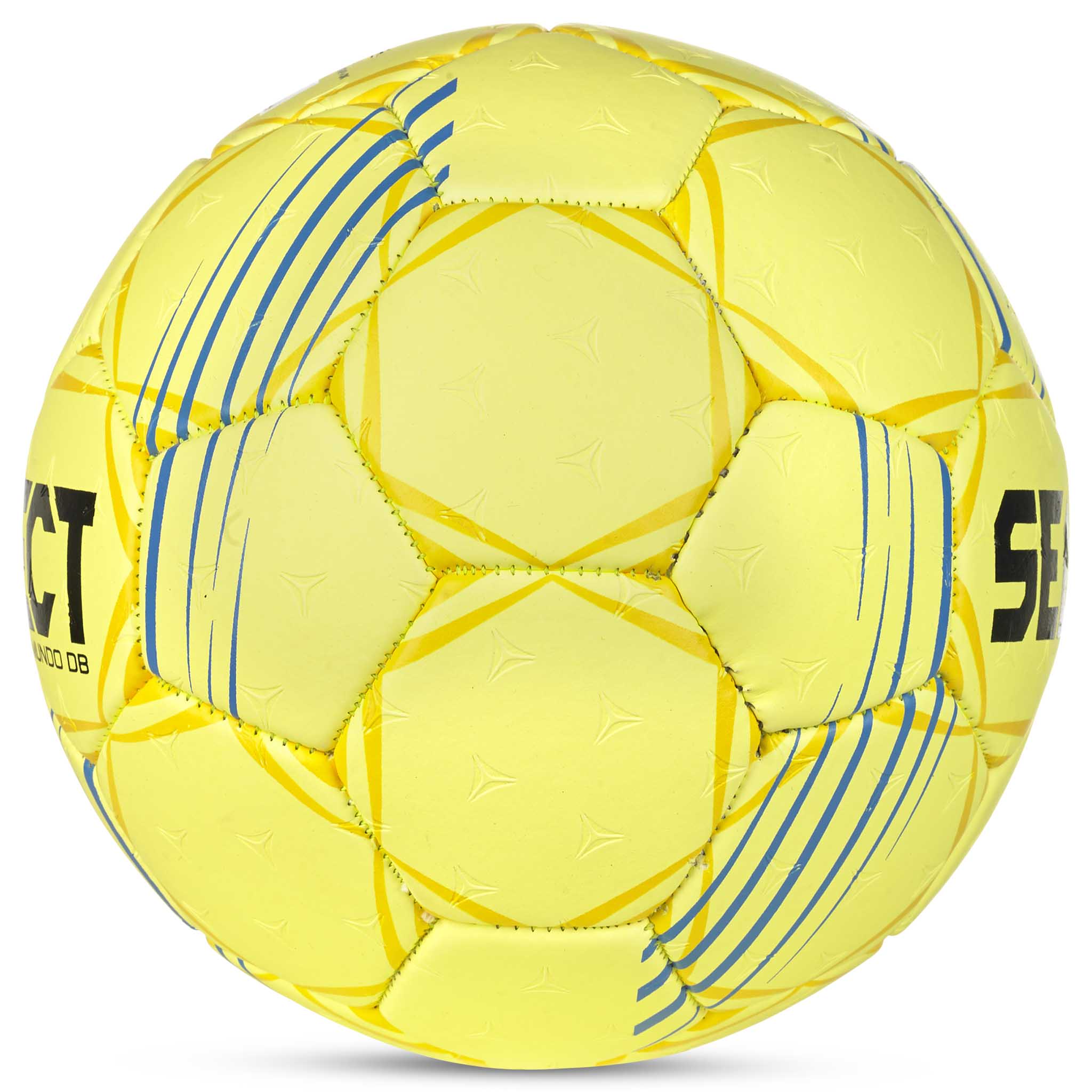 Gul Mundo DB v24 handboll med blå detaljer, sedd från höger