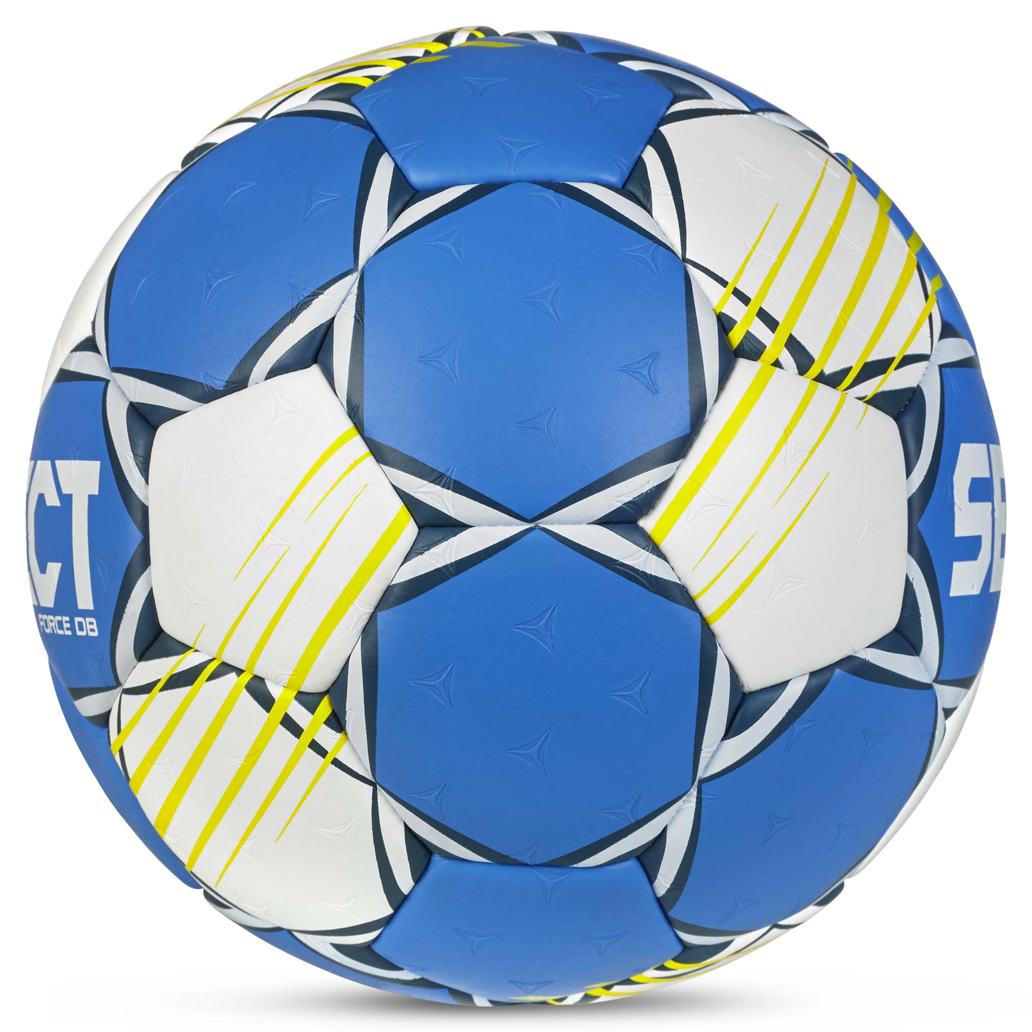Force DB v25 håndbold, set fra højre side, i blå og hvid med gule detaljer.