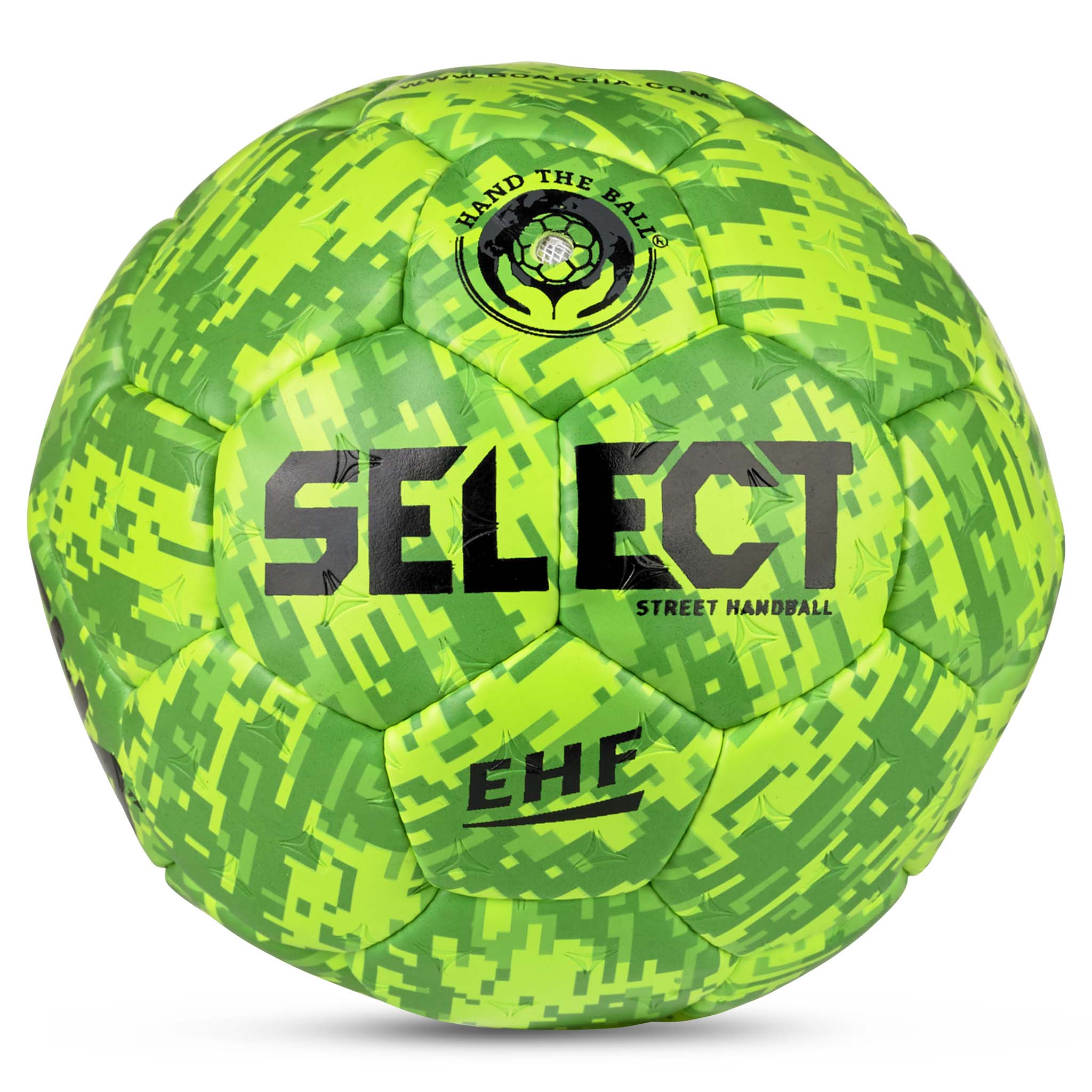 Framsida av Goalcha Street Handball v25 i grönt med svart logga och pixel-camomönster. Handboll.