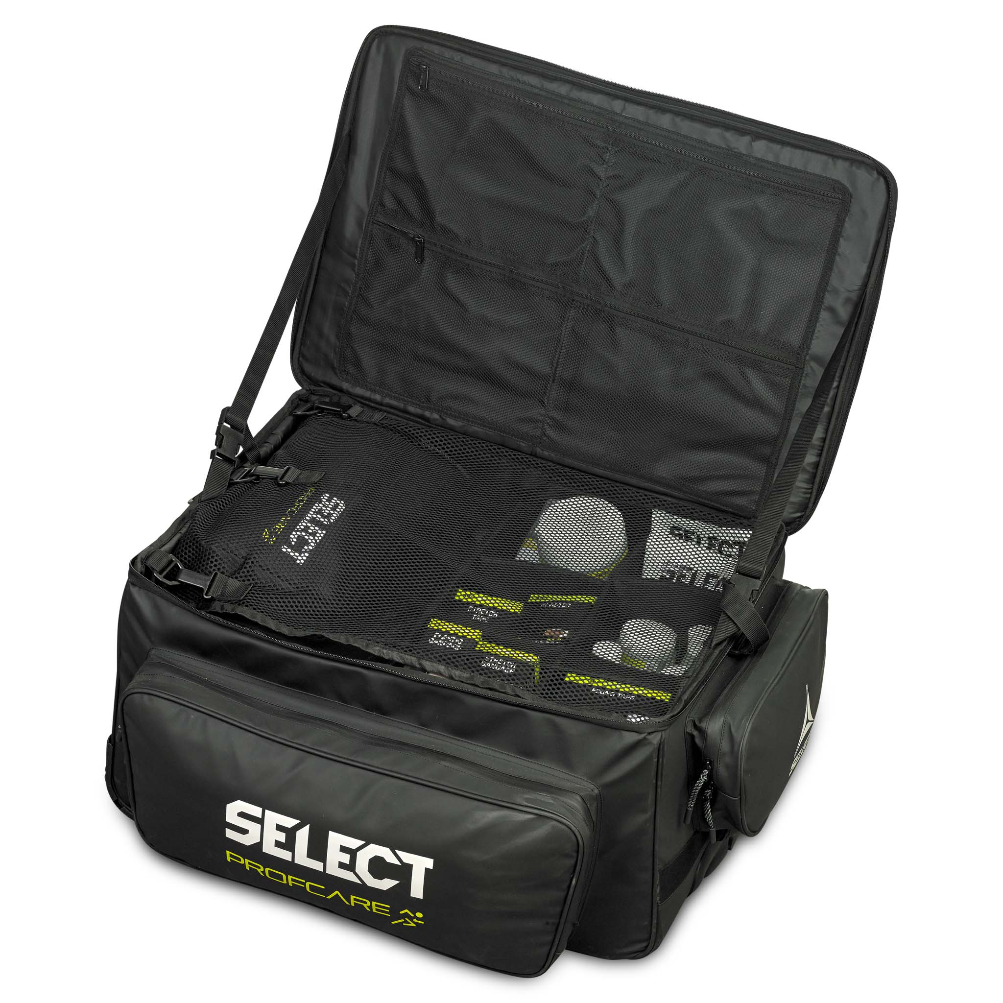 Närbild av svart Medicalbag trolley v25 Sports care, öppen med synliga fack och sjukvårdsutrustning.