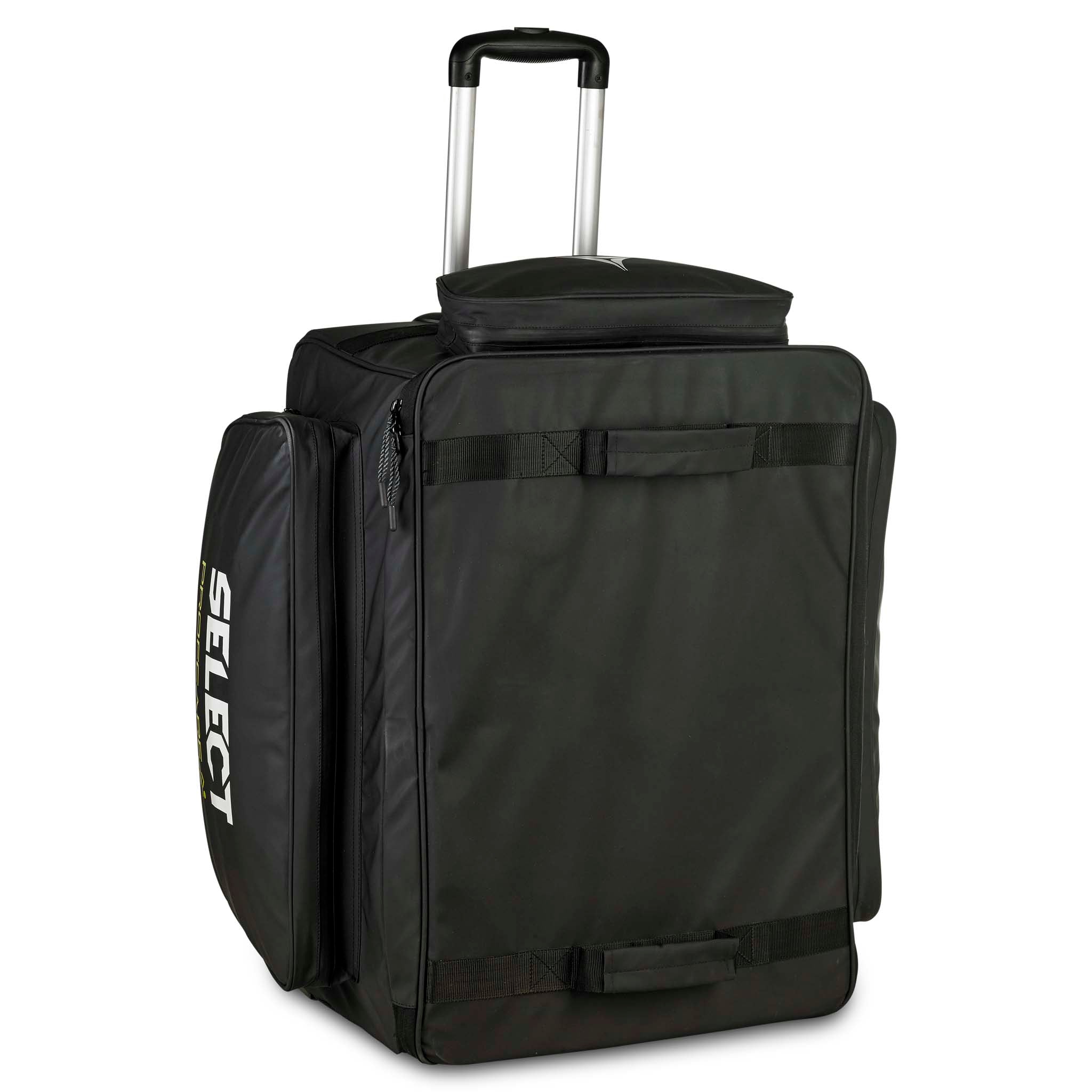 Svart Medicalbag trolley v25, Sports care, med teleskophandtag och hjul, sedd framifrån.