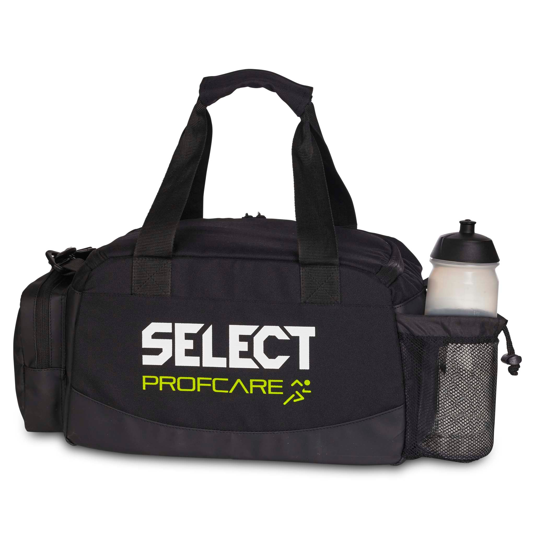 Svart Medicalbag medium v25 sports care-väska, baksida, med Select Profcare-logga och vattenflaska i sidoficka av nät.