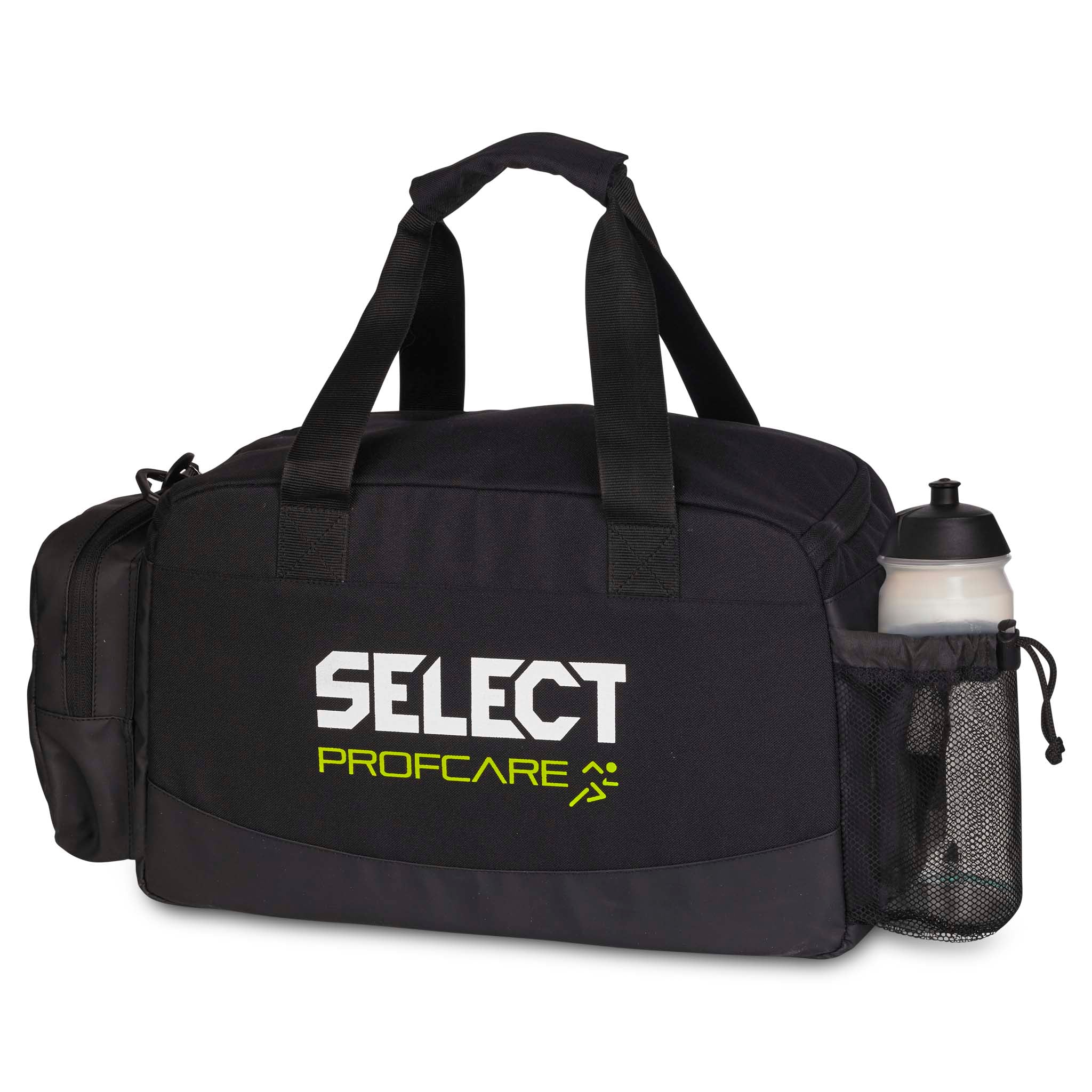 Svart Medicalbag large v25 sports care-väska, baksida, med vit Select Profcare-logga och vattenflaska i nätficka.