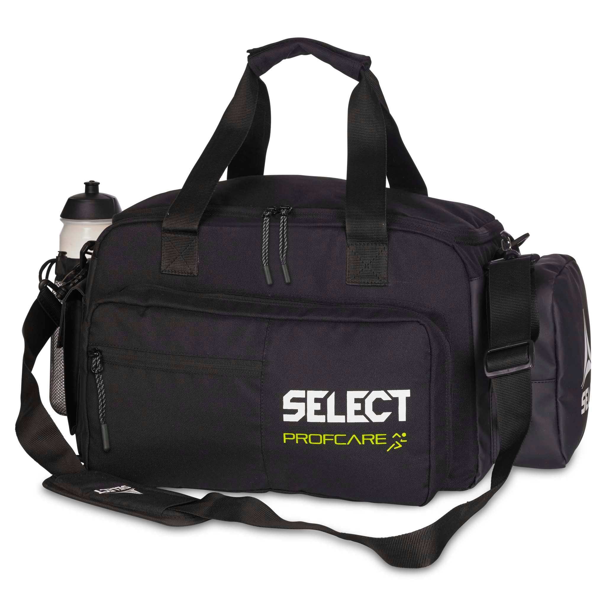 Svart Medicalbag large v25, sports care-väska med vattenflaska, sedd framifrån