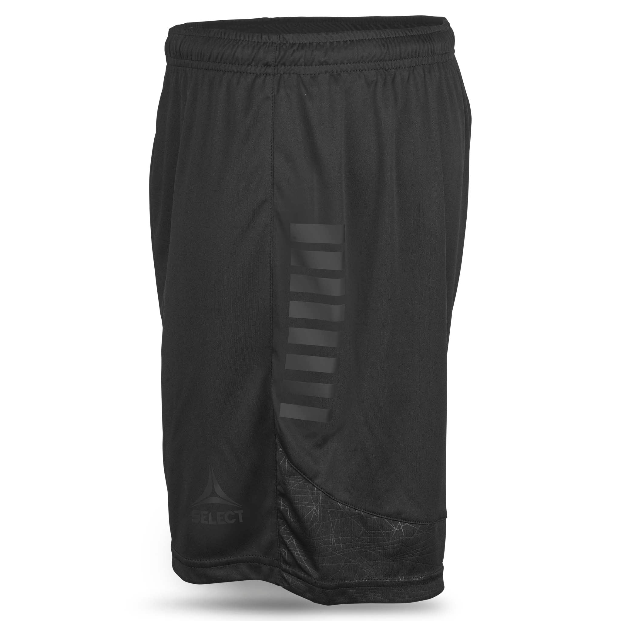 Svarta Player shorts Spain v25, match- och träningskläder, sedda från vänster med diskret randdetalj och logotyp.