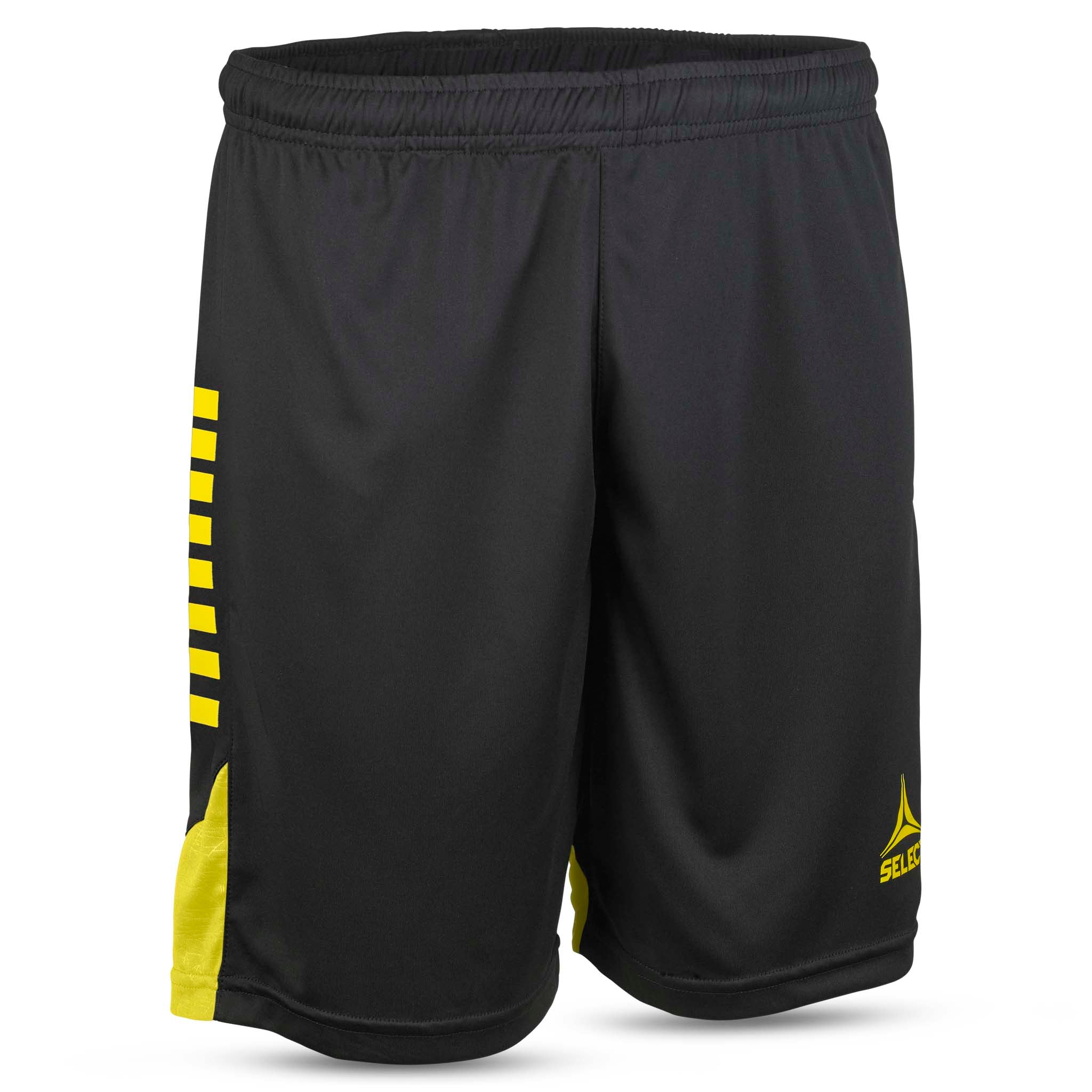 Player shorts Spain v25, svart med gula ränder, Match & Training wear, sett framifrån.