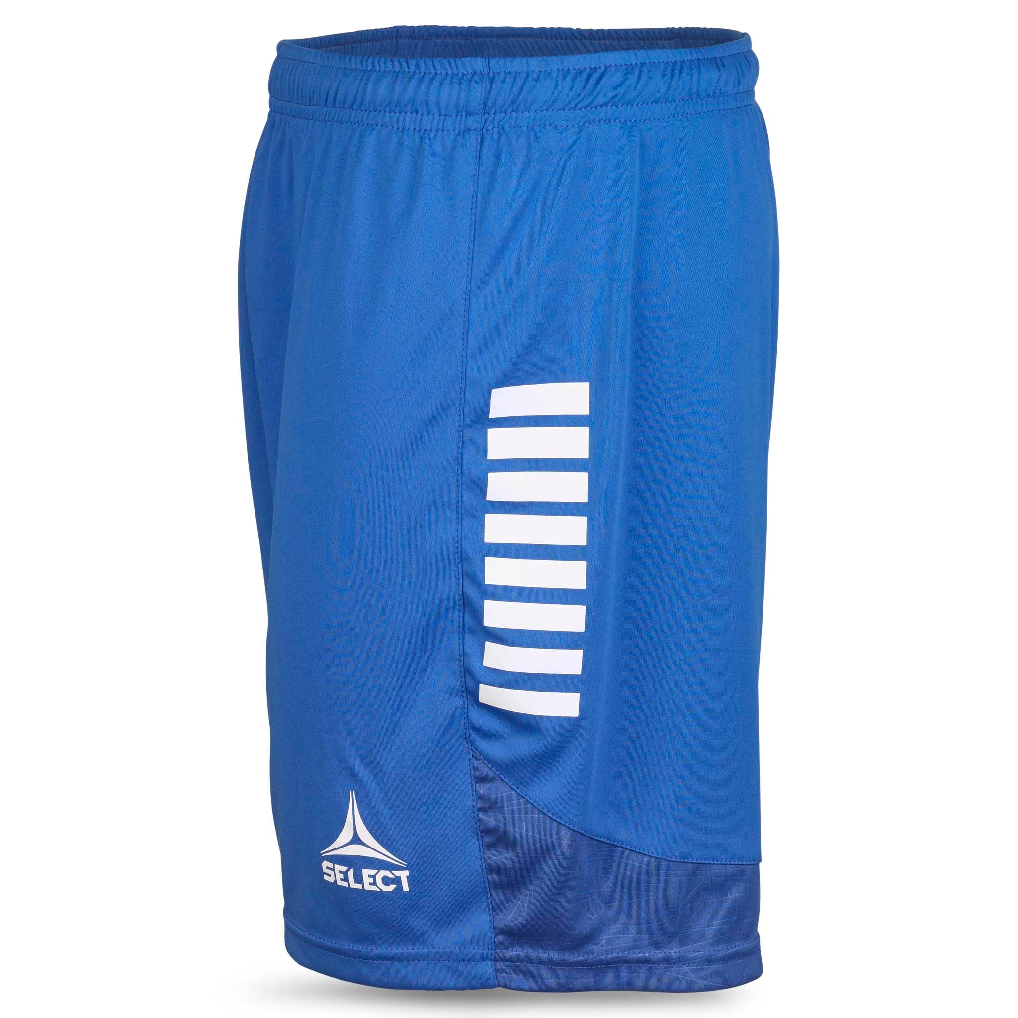 Blå Player shorts Spain v25, Match & Training wear, sedd från vänster sida med vita ränder och Select-logga.