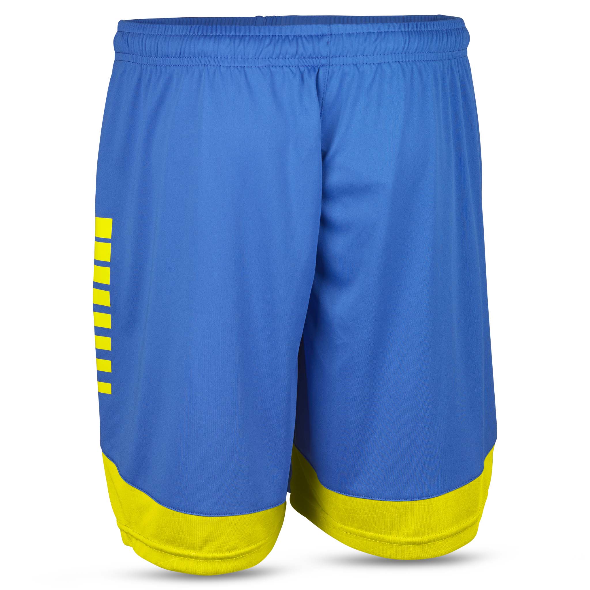 Blå Player shorts Spain v25 med gula ränder, baksida. Match- och träningskläder.