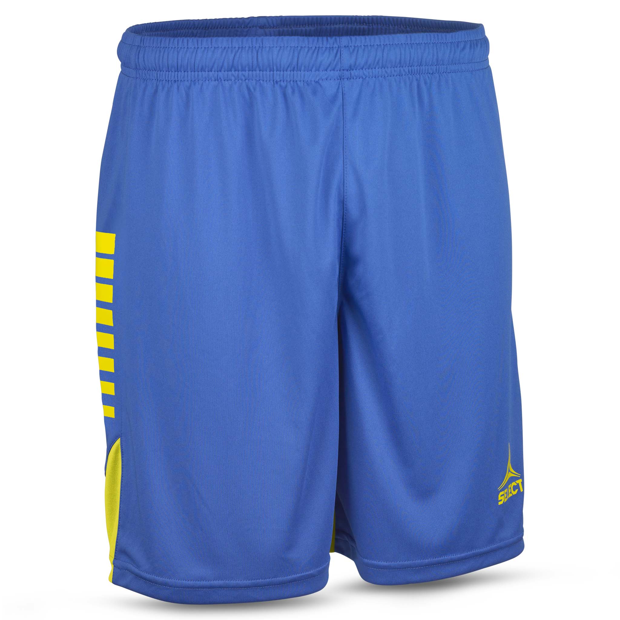 Framifrån av blå Player shorts Spain v25 med gula detaljer, Match & Training wear för fotboll