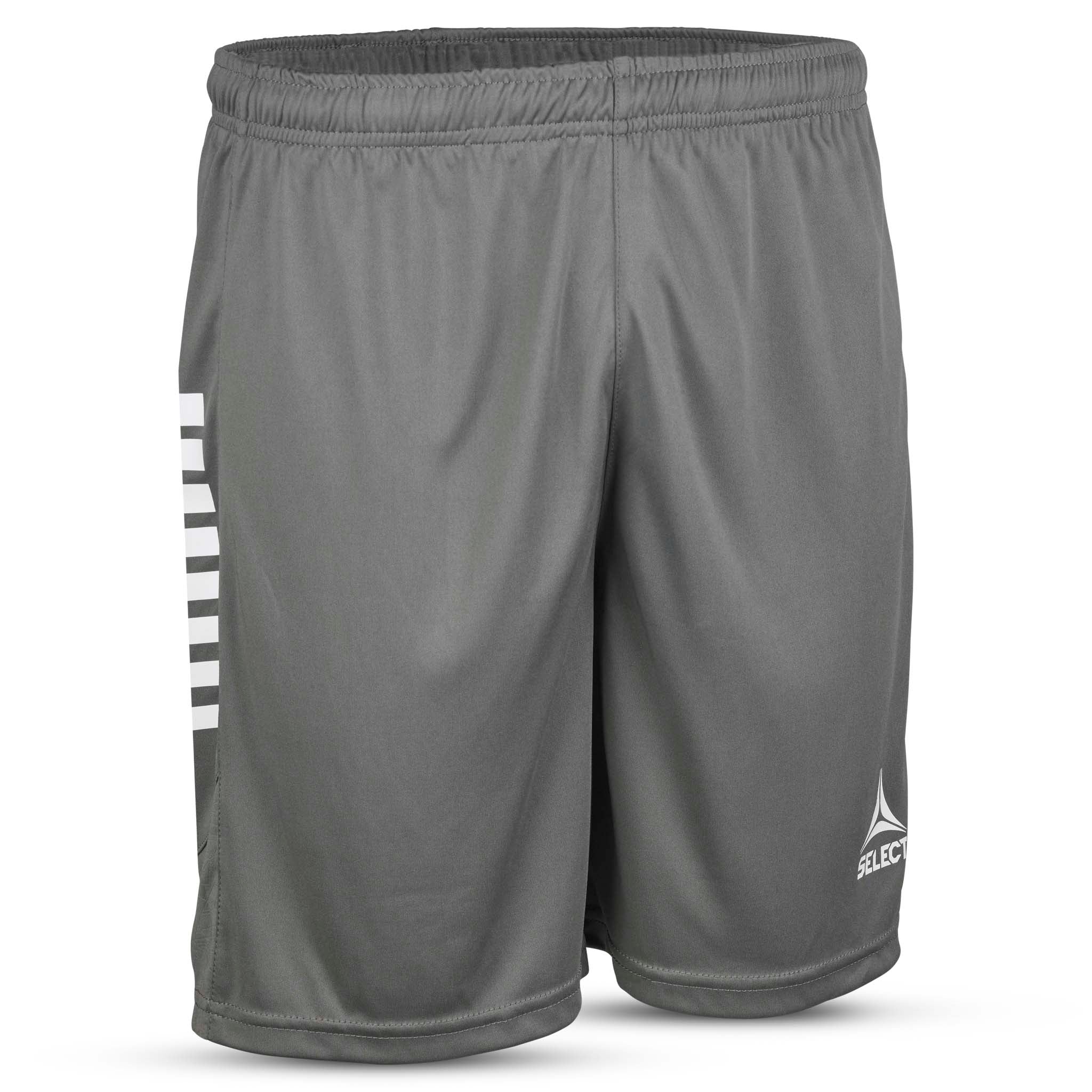 Framsida av grå Player shorts Spain v25 med vita ränder, Match & Training-kläder för fotboll.