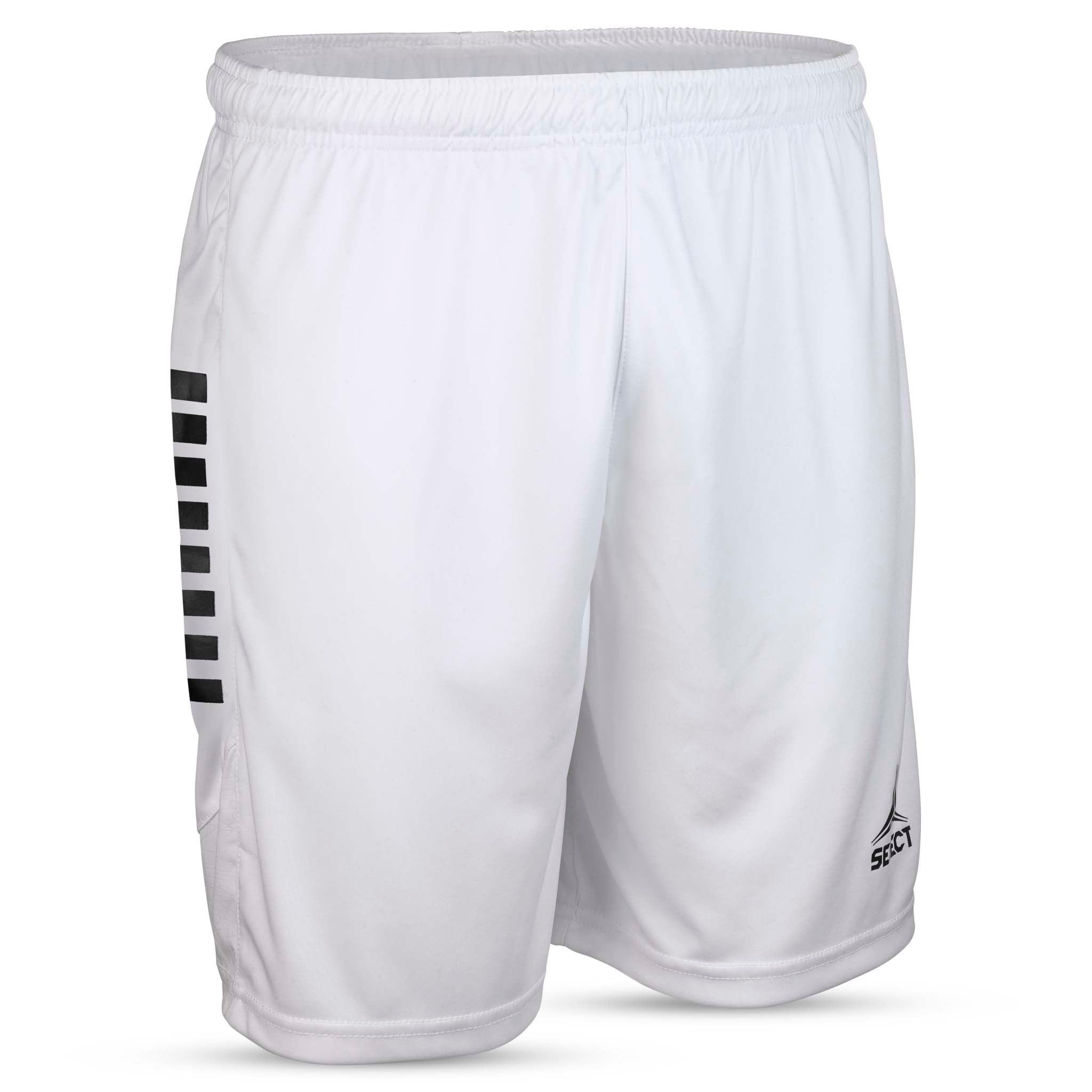 Framsida av vita Player shorts Spain v25 med svarta sidränder, Match & Training wear för fotboll.