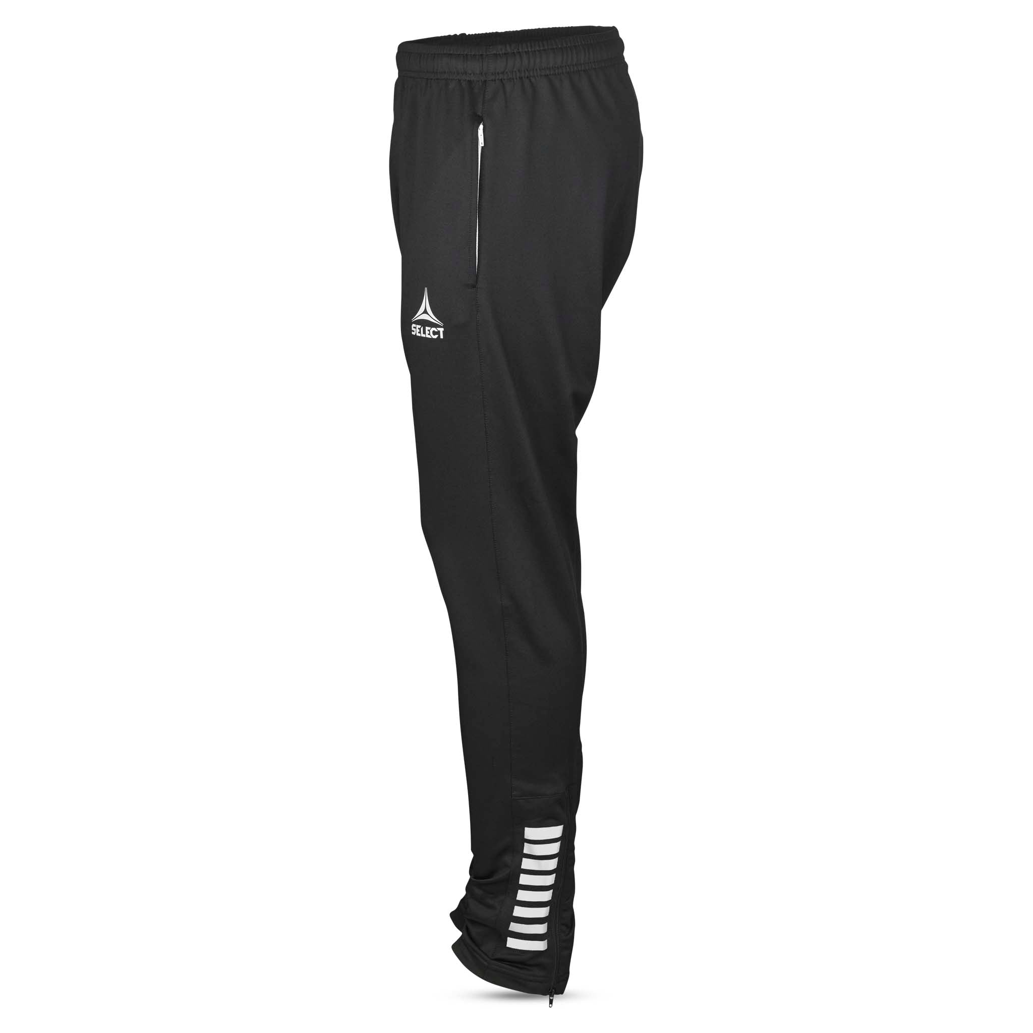 Svarta regularFit Spain v25 träningsbyxor, Match & Training wear, vänstervy med vit logga och fotlsdetalj.