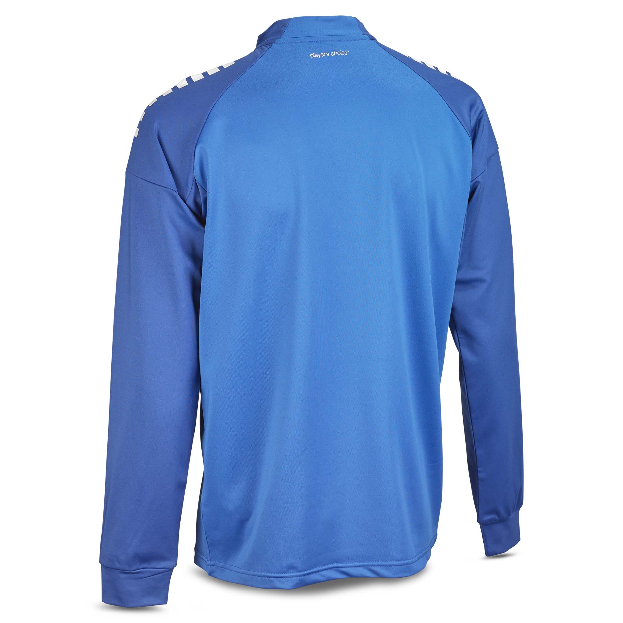 Baksida av blå Training sweat 1/2 zip Spain v25, fotboll Match & Training wear med mörkare blå axlar.
