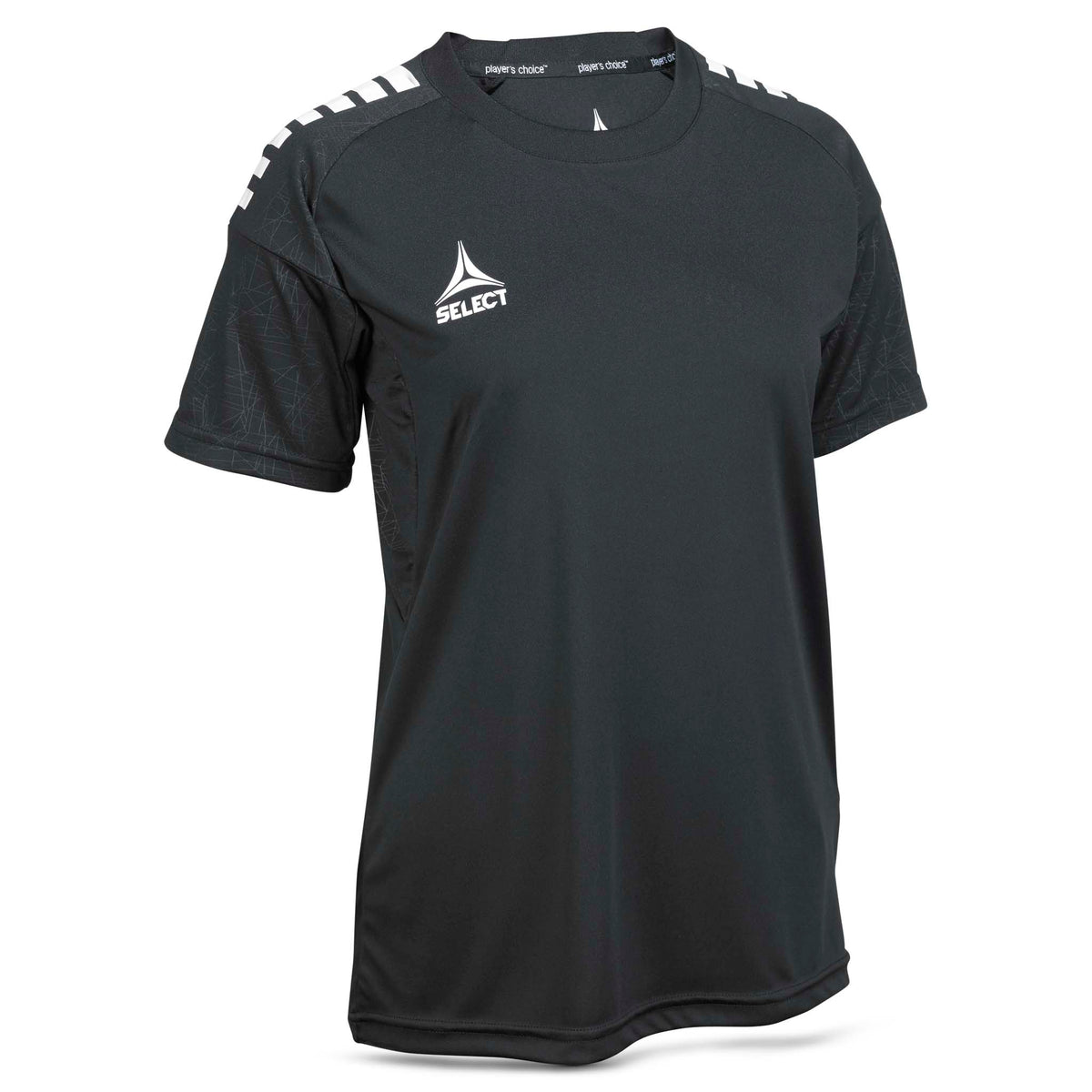 Framifrån av svart Player shirt S/S Spain woman v25 med vit axeldetalj. Fotboll Match & Training wear.