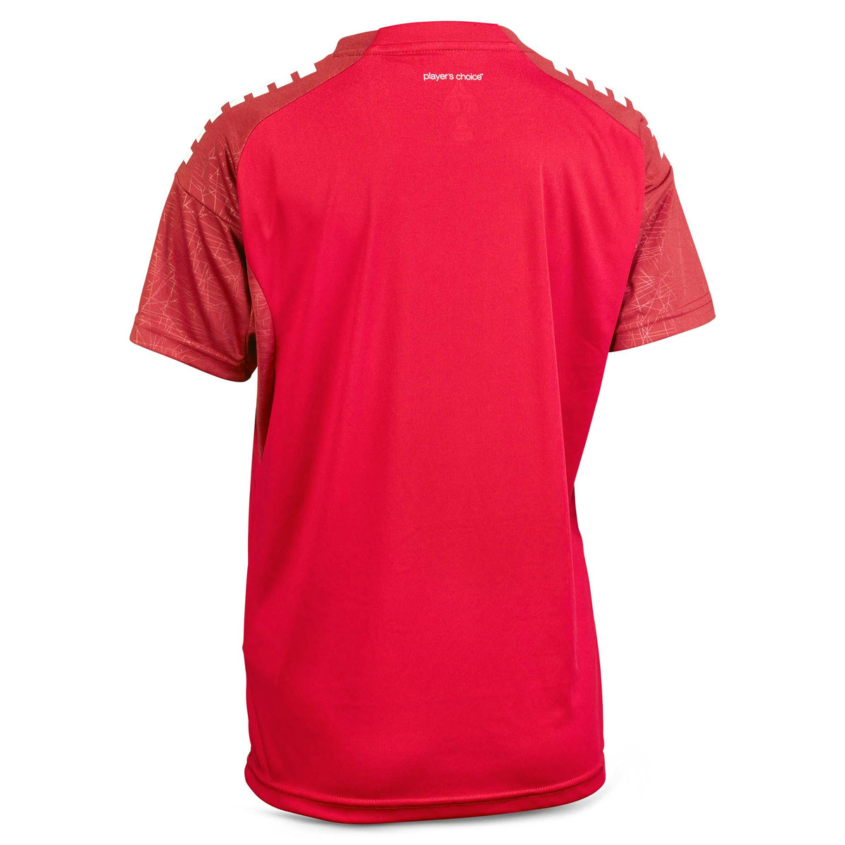 Baksida av röd Player shirt S/S Spain woman v25, Match & Training wear, med mönstrade axlar.