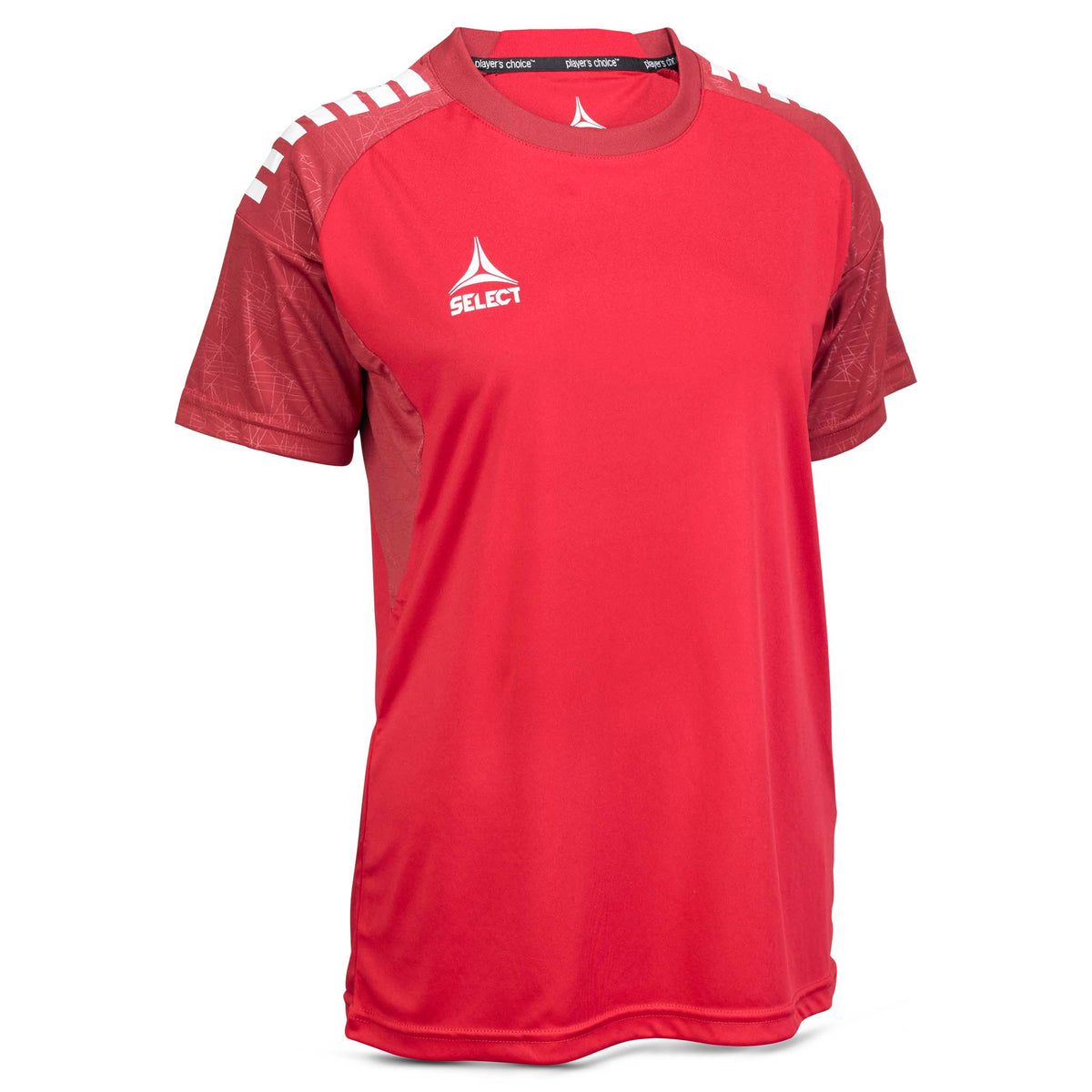 Framsida av röd Player shirt S/S Spain woman v25, Match & Training wear, med vita axeldetaljer.