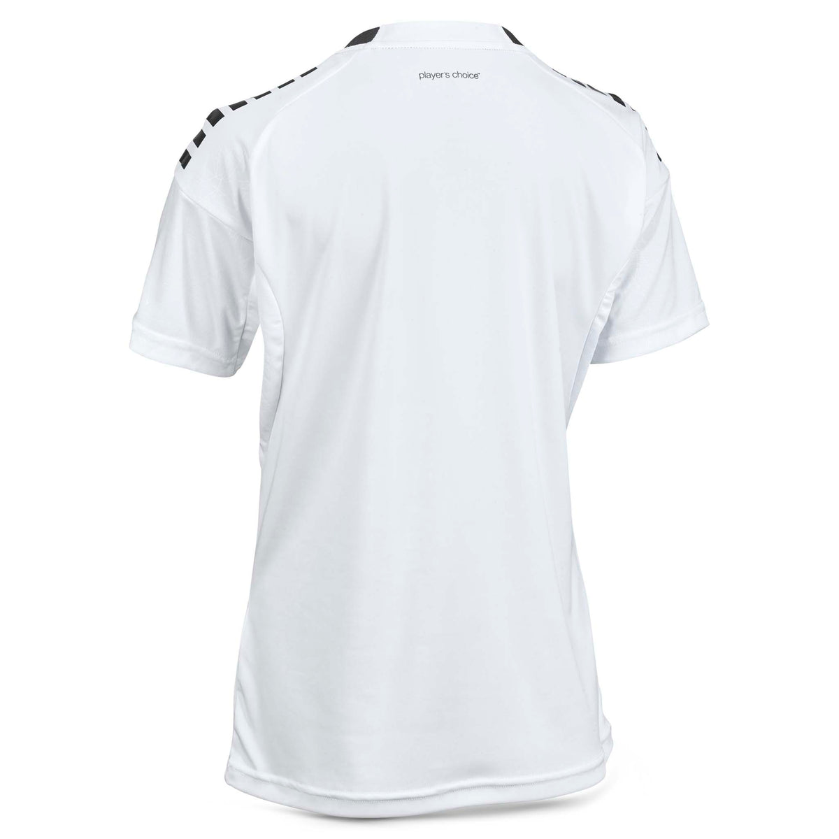 Baksida av vit Player shirt S/S Spain woman v25 fotboll Match & Training wear med svart axeldetalj