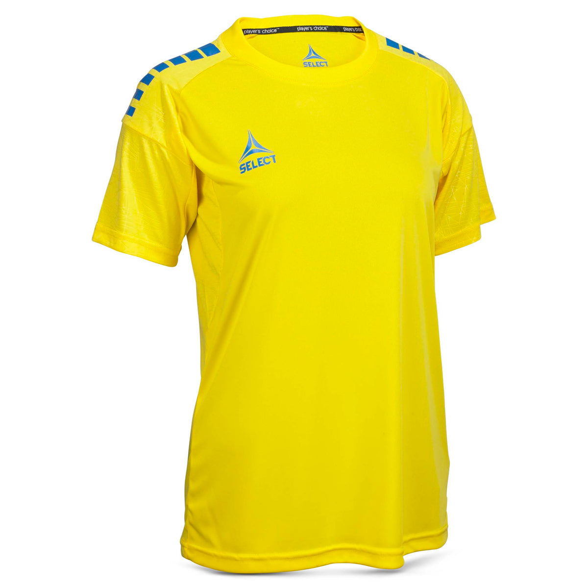 Framsida av gul Player shirt S/S Spain woman v25 med blå axeldetaljer, fotboll Match & Training wear