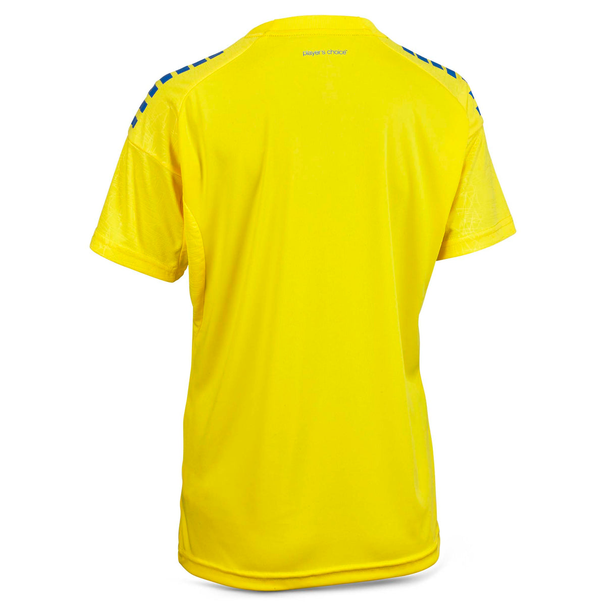 Baksida av gul Player shirt S/S Spain woman v25 med blå axeldetaljer, fotboll Match & Training wear