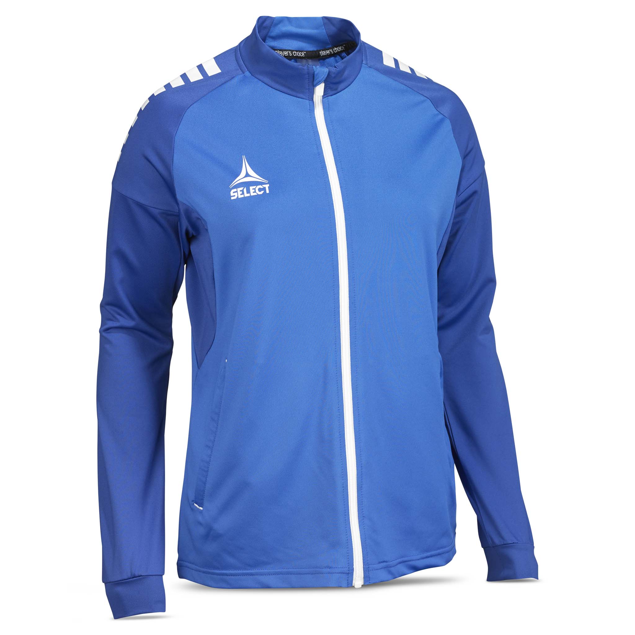 Framifrån av blå och vit Training zip jacket Spain woman v25, Match & Training fotbollskläder