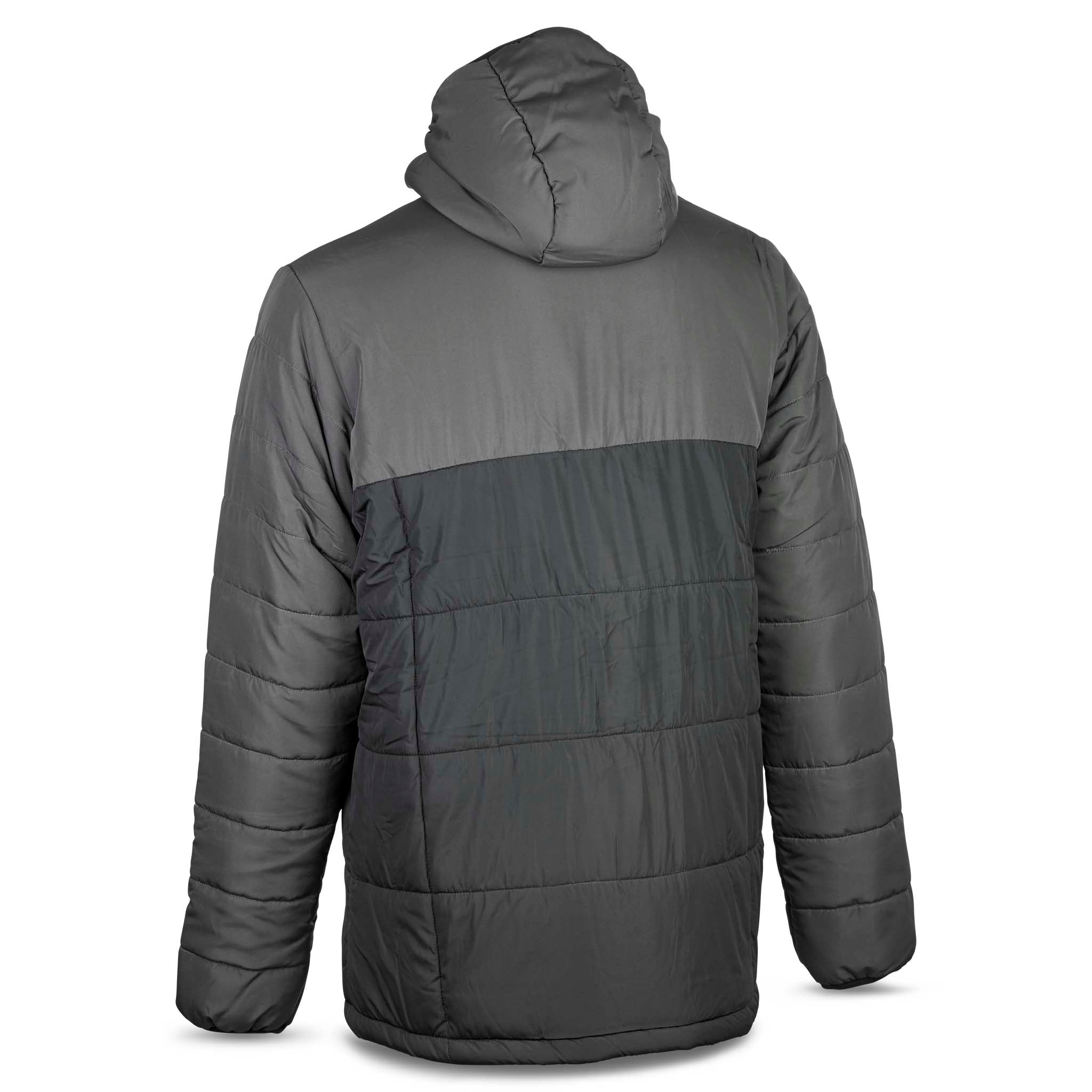 Baksida av svart och grå Padded jacket Oxford v25, fritidskläder med huva.