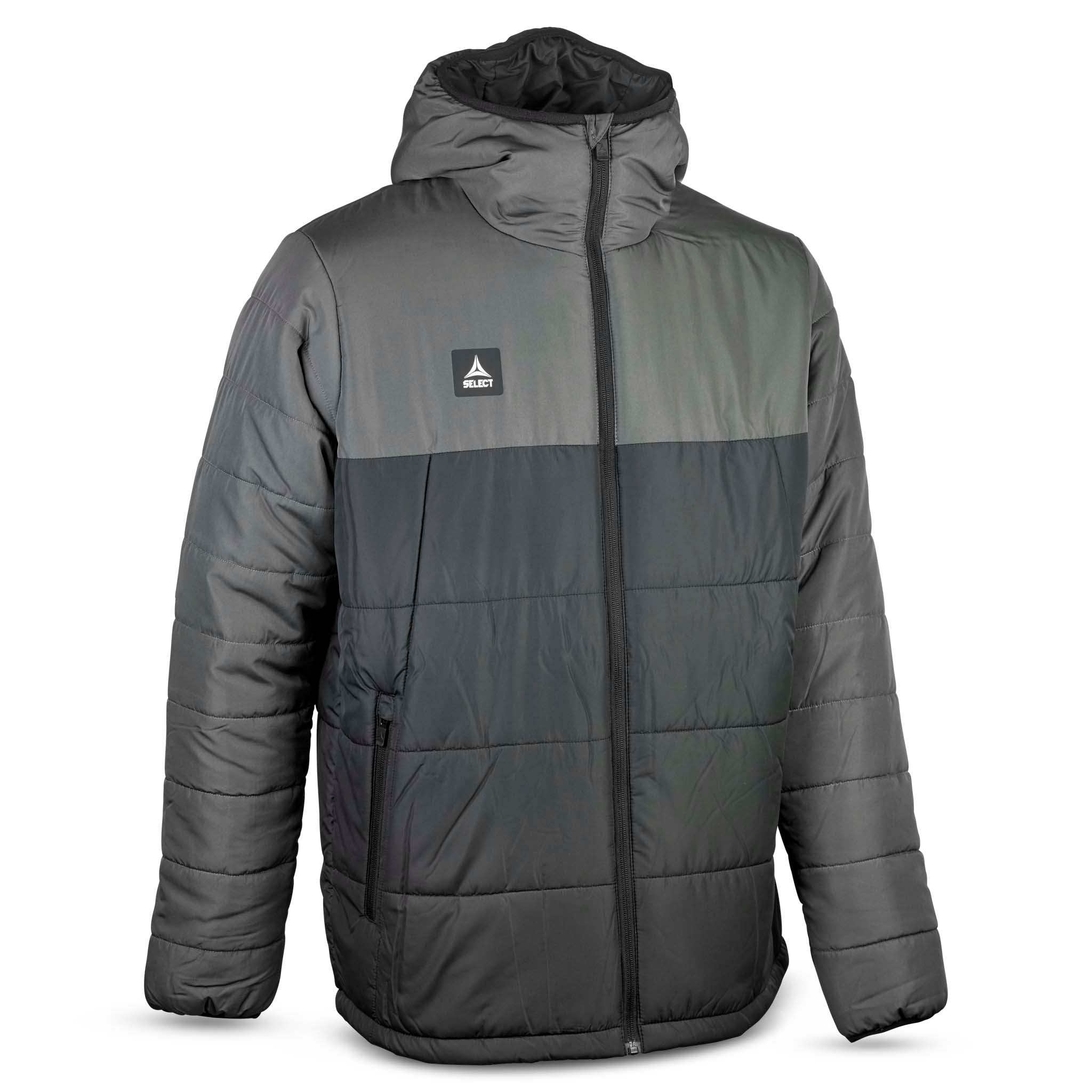 Framsida av svart och grå Padded jacket Oxford v25, fritidskläder med huva och dragkedja.