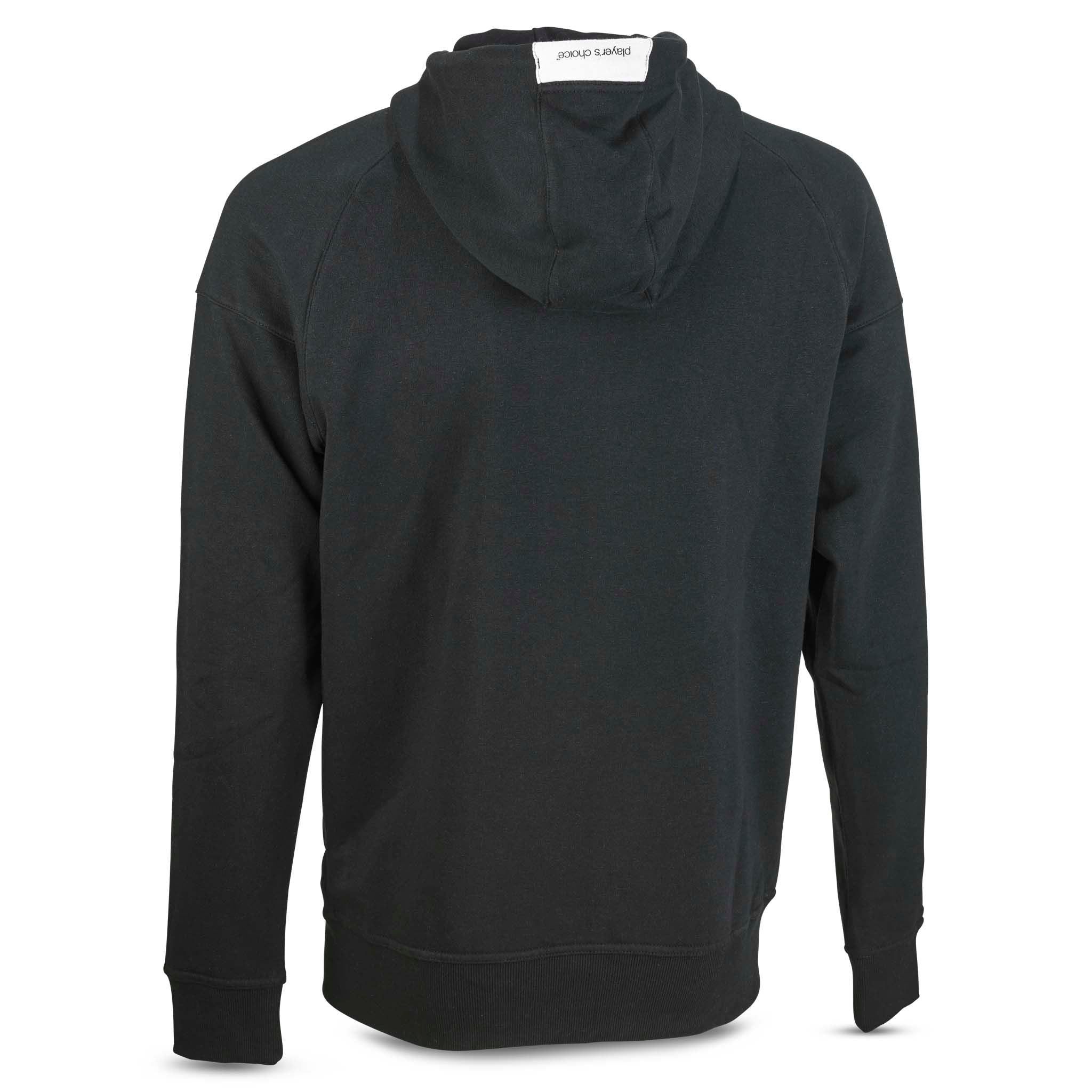 Svart Zip hoodie Oxford v25 fritidskläder, sedd bakifrån med huva och ribbade muddar.