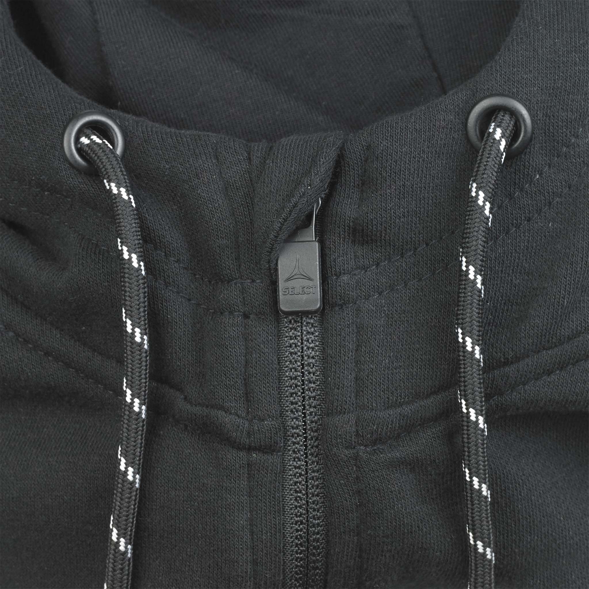 Närbild av svart Zip hoodie Oxford v25 fritidskläder med dragkedja och reflekterande snören.