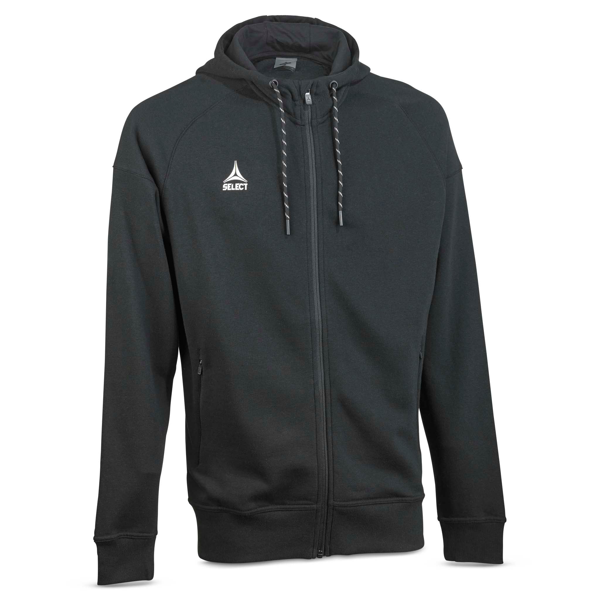 Svart Zip hoodie Oxford v25 fritidskläder, sedd framifrån med huva och dragkedja, vit logga på bröstet.