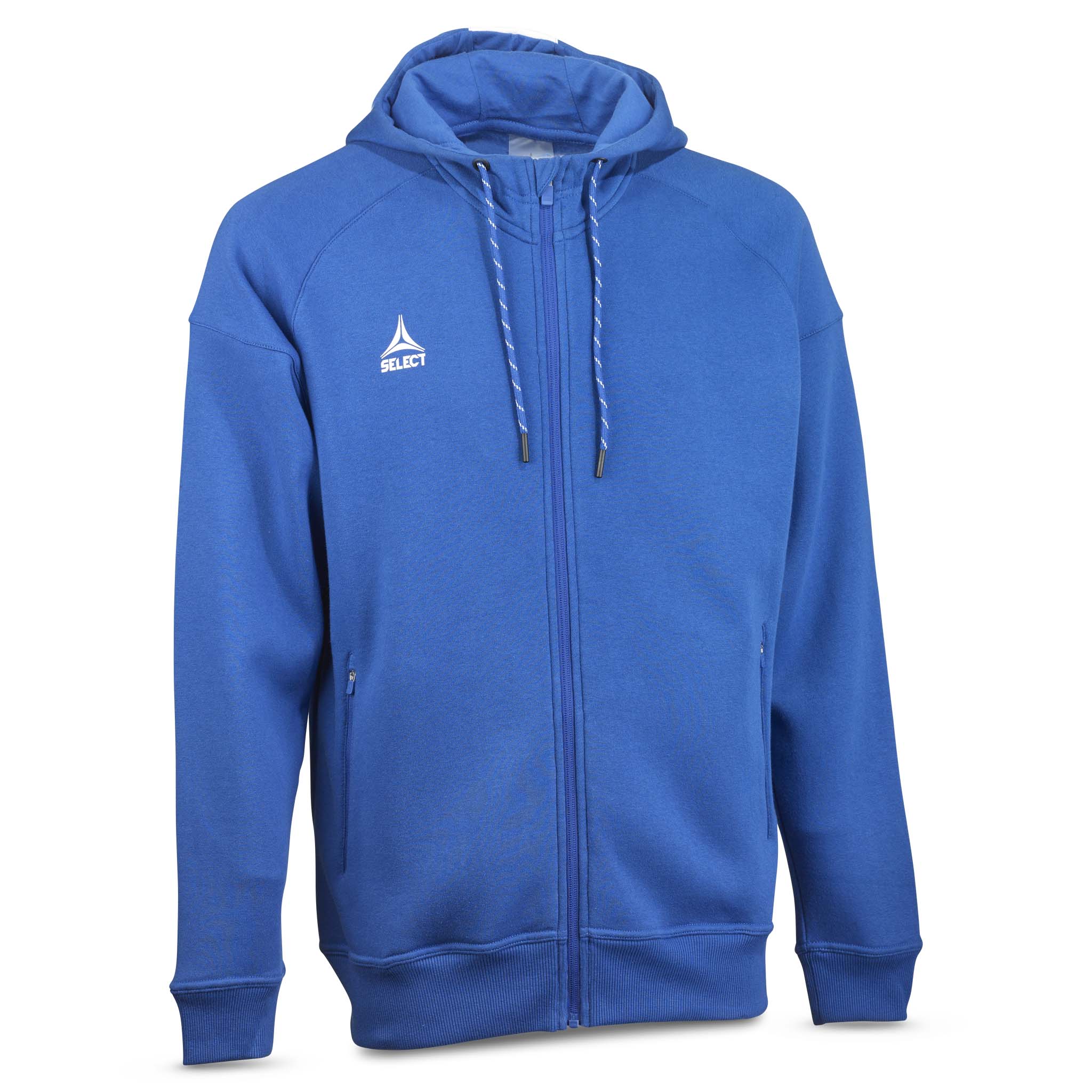 Framsida av blå Zip hoodie Oxford v25, fritidsklädsel med huva, dragkedja och vit logga.