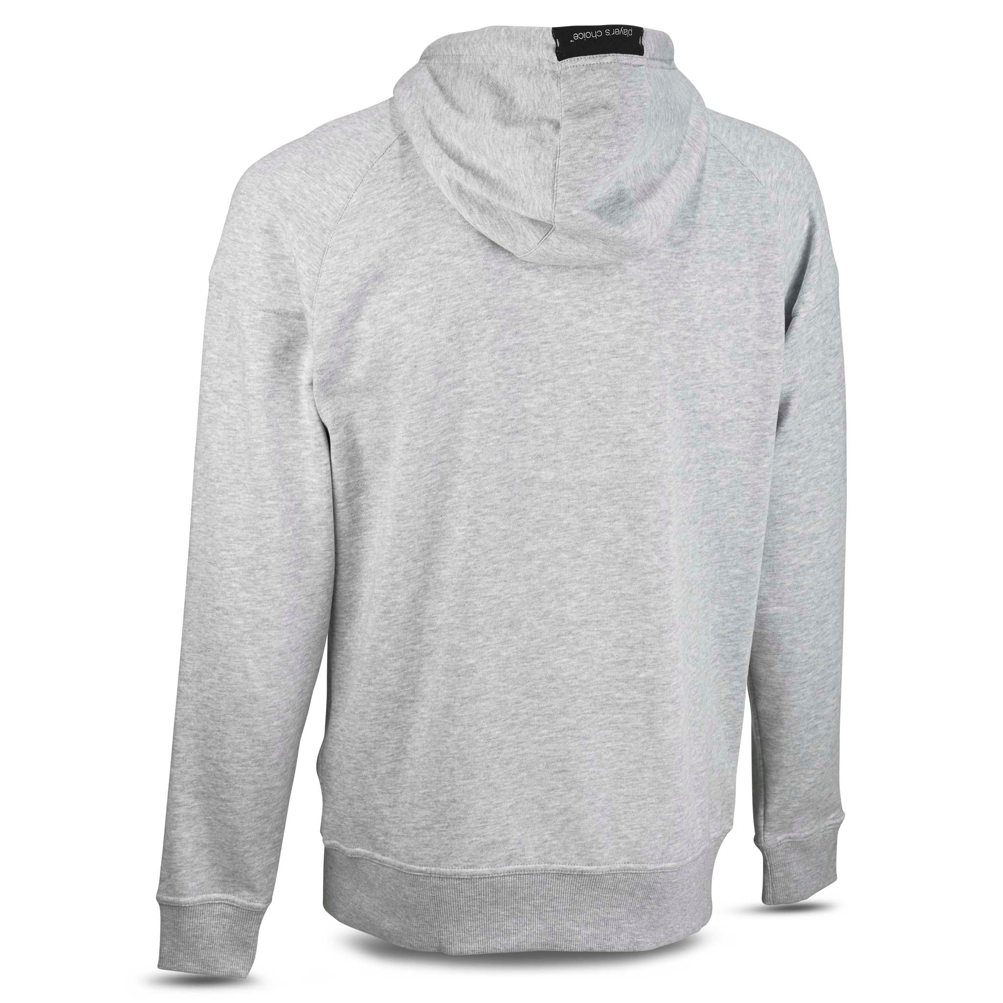 Grå Zip hoodie Oxford v25, fritidskläder, sedd bakifrån med huva och ribbade muddar.