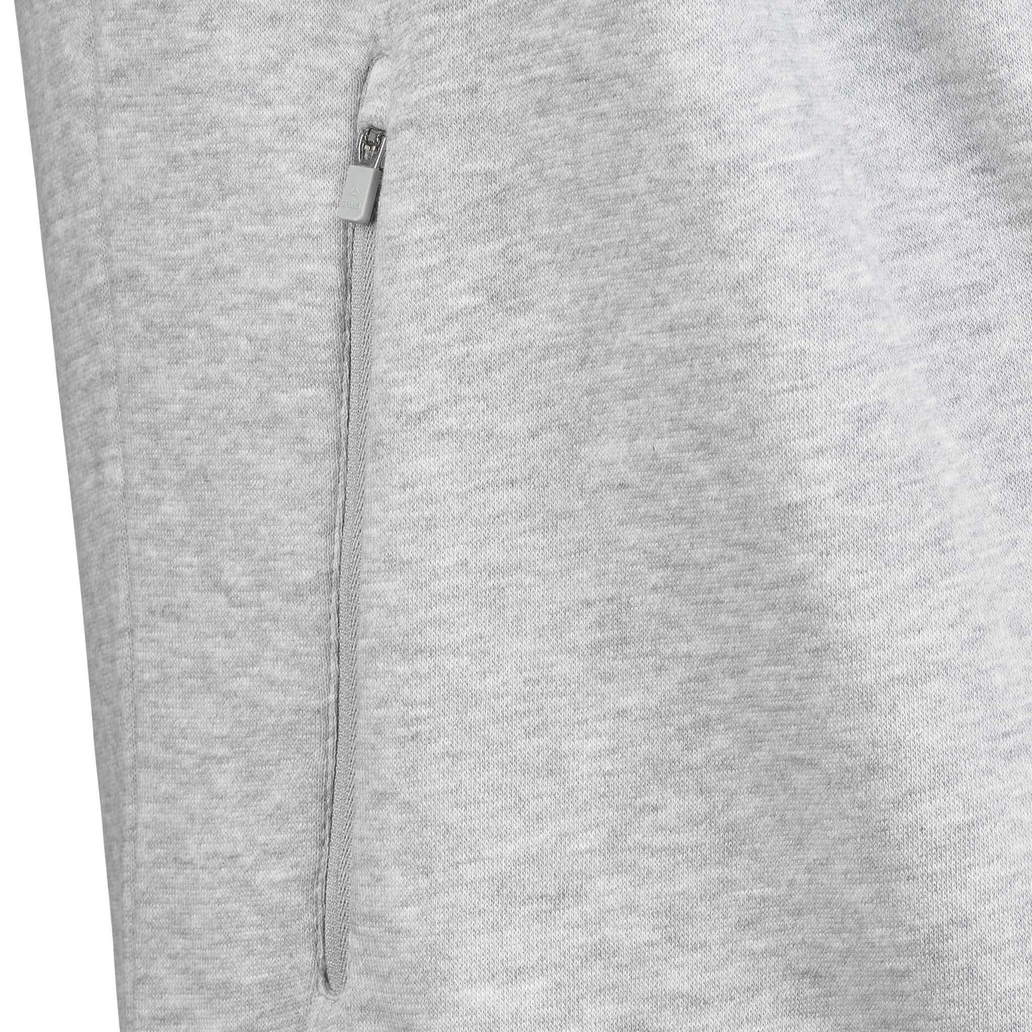 Närbild av grå Zip hoodie Oxford v25 fritidskläder, visar dragkedjeficka med matchande dragkedja.