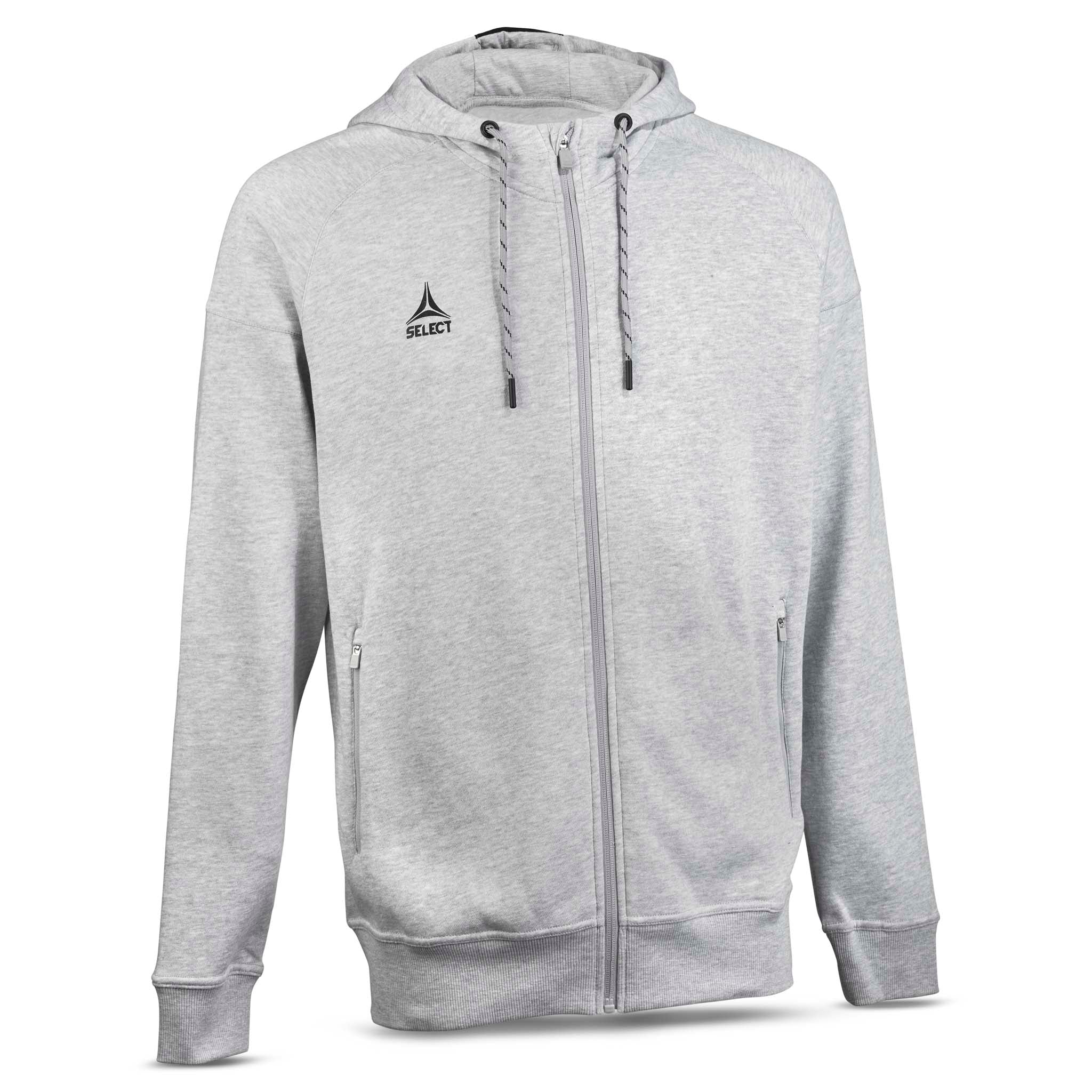 Grå Zip hoodie Oxford v25, fritidskläder, framsida med dragkedja och huva.
