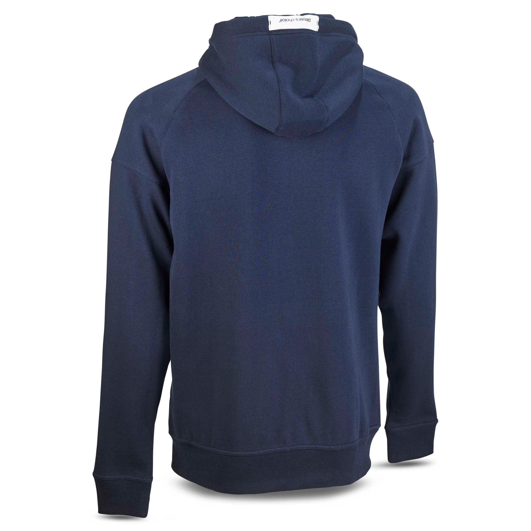 Marinblå Zip hoodie Oxford v25, fritidskläder, baksida med huva och fotbollsdesign.