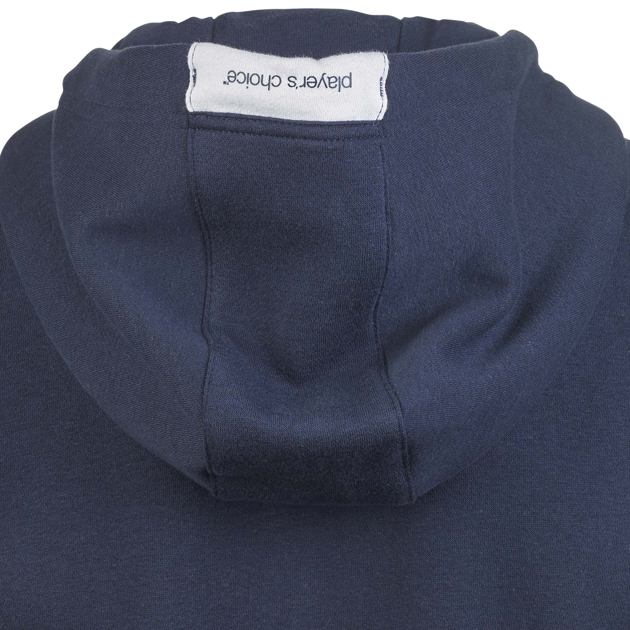 Närbild av marinblå Zip hoodie Oxford v25 fritidskläder, visar luva och player's choice-etikett.
