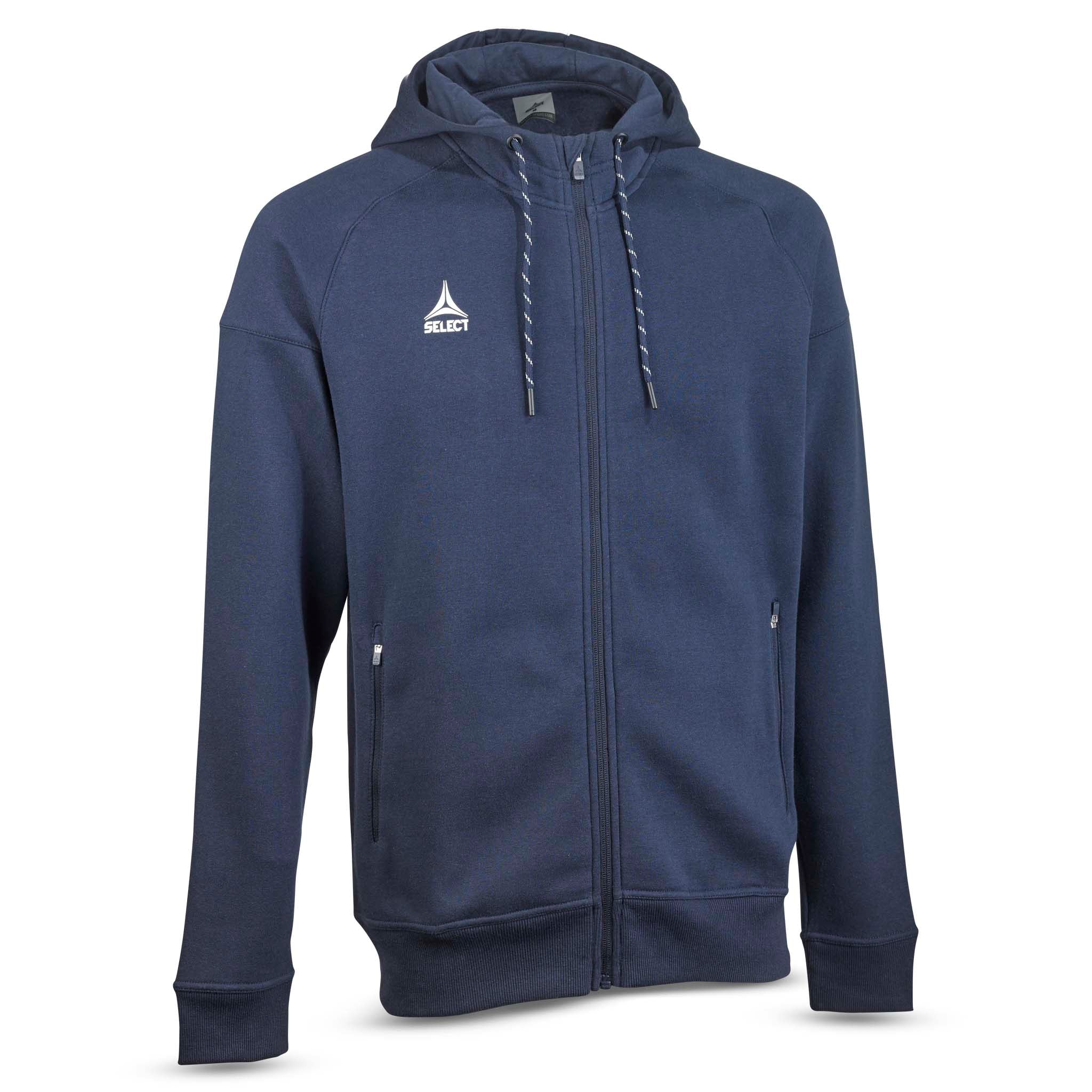 Marinblå Zip hoodie Oxford v25, fritidskläder, framsida med dragkedja och huva.