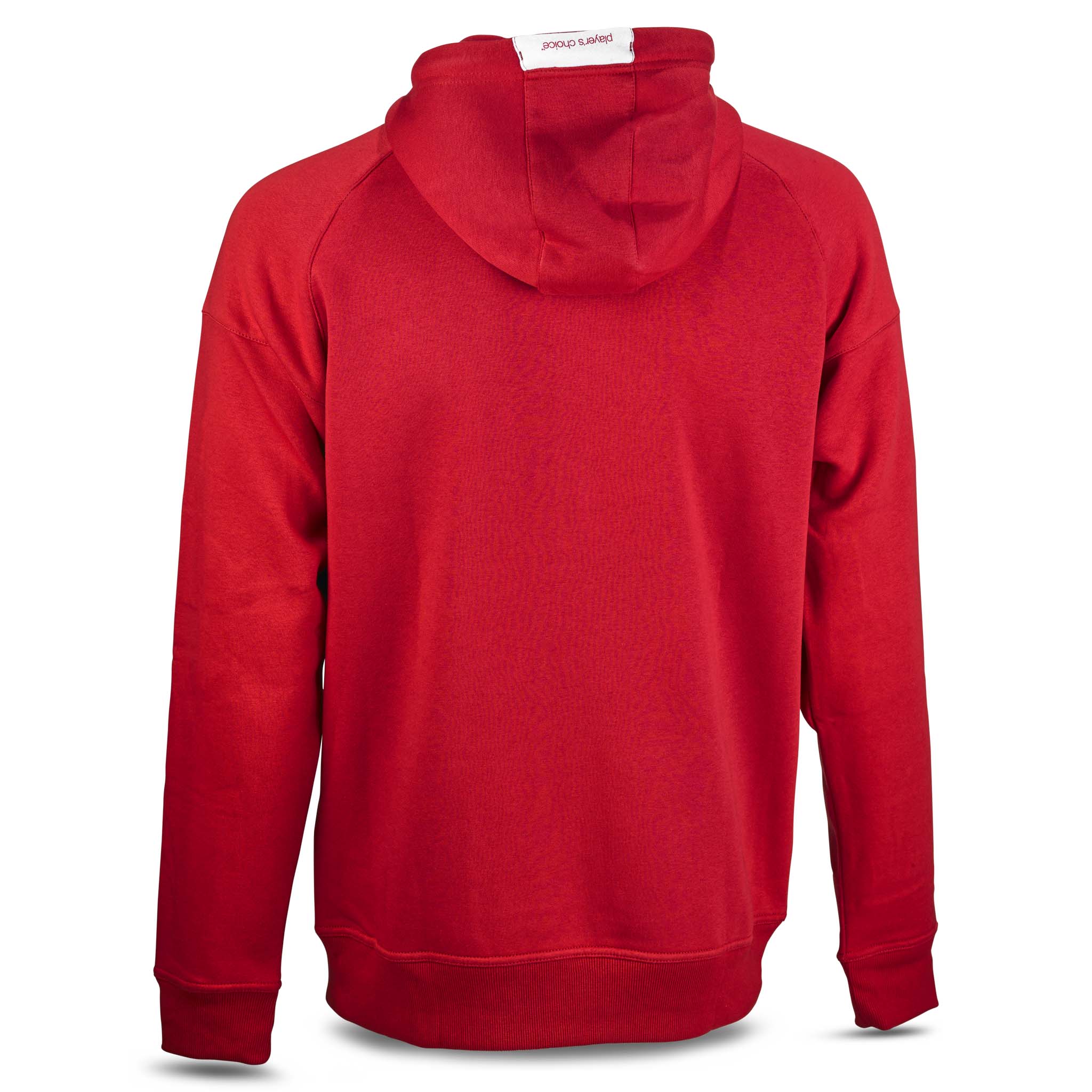 Röd Zip hoodie Oxford v25, fritidskläder, baksidesvy med huva och vit etikett.