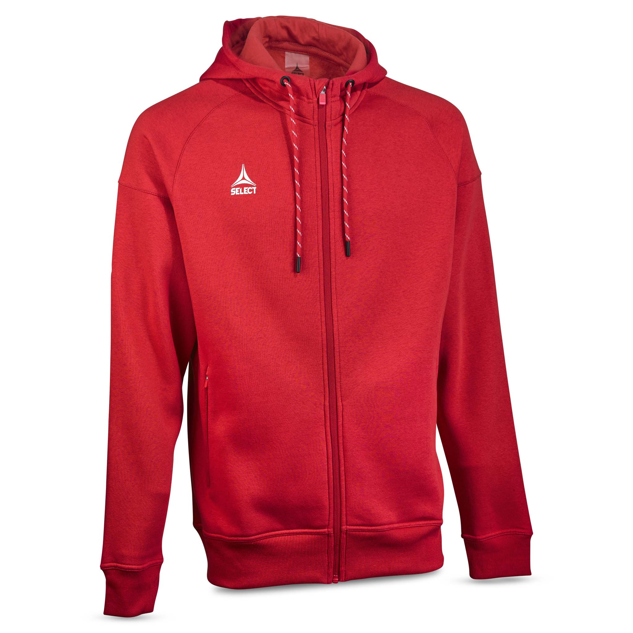 Röd Zip hoodie Oxford v25 fritidskläder med huva och dragsnören, sedd framifrån.