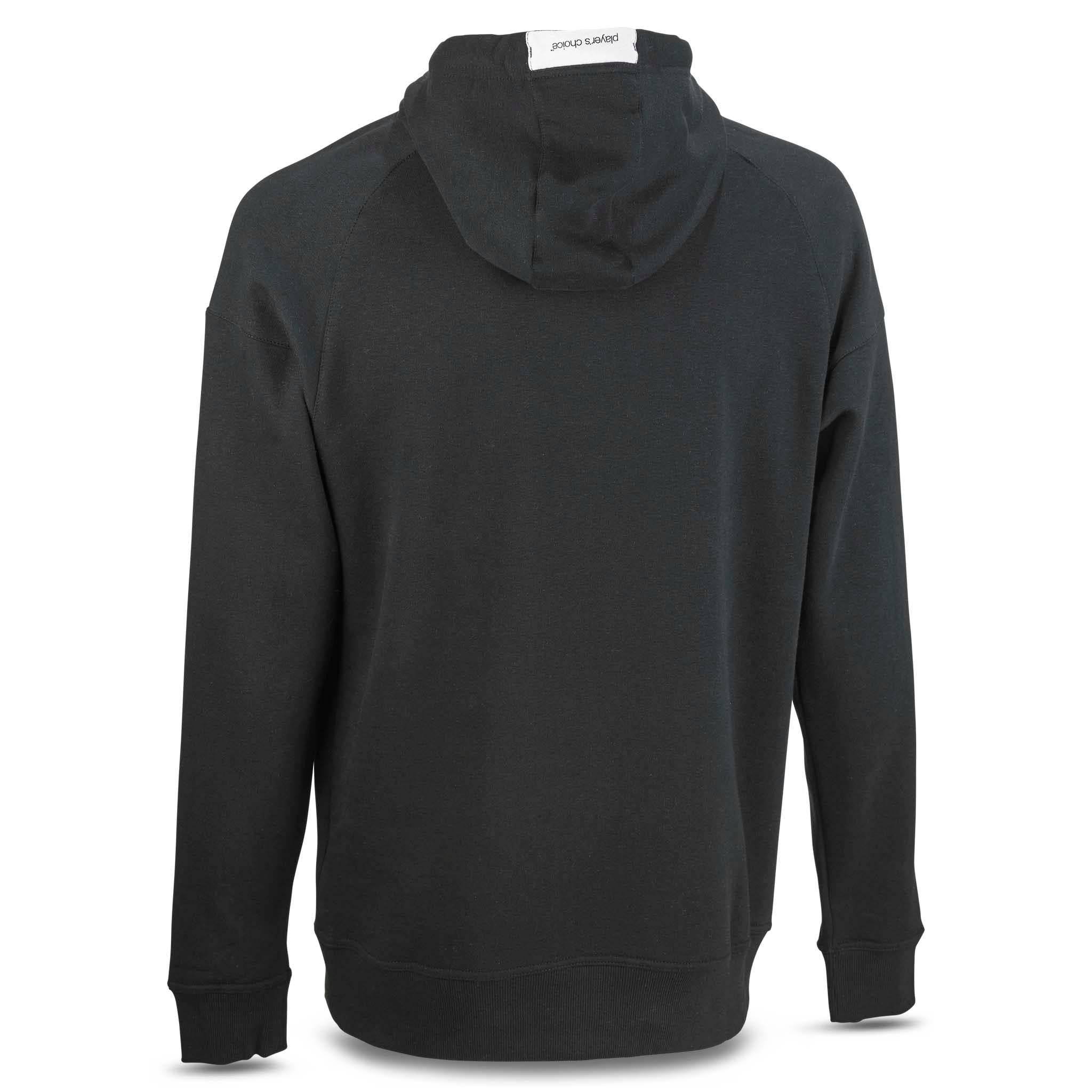 Svart Hoodie Oxford v25 fritidskläder, baksida med huva och ribbade muddar.