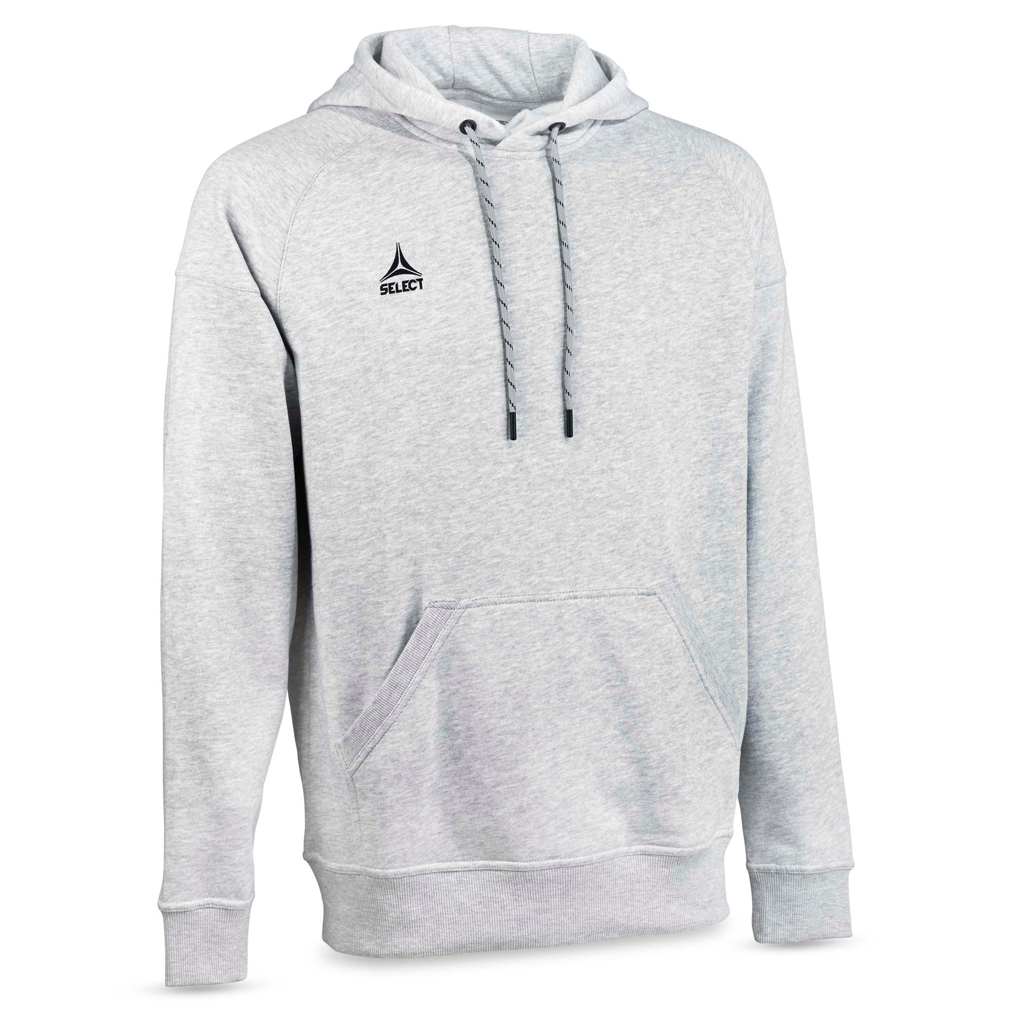 Grå Hoodie Oxford v25 fritidskläder, framsida med huva, dragsnören och frontficka.