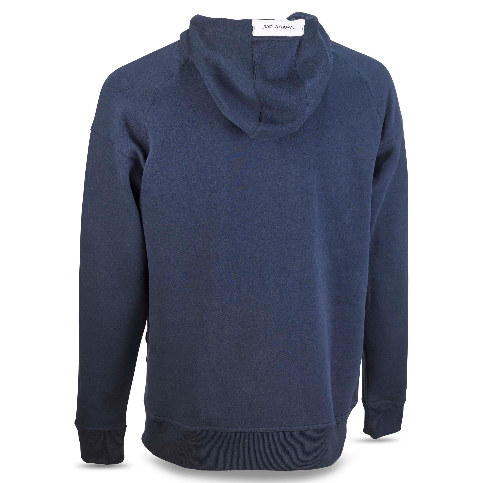 Marinblå Hoodie Oxford v25 fritidskläder, sedd bakifrån med huva och ribbade muddar.