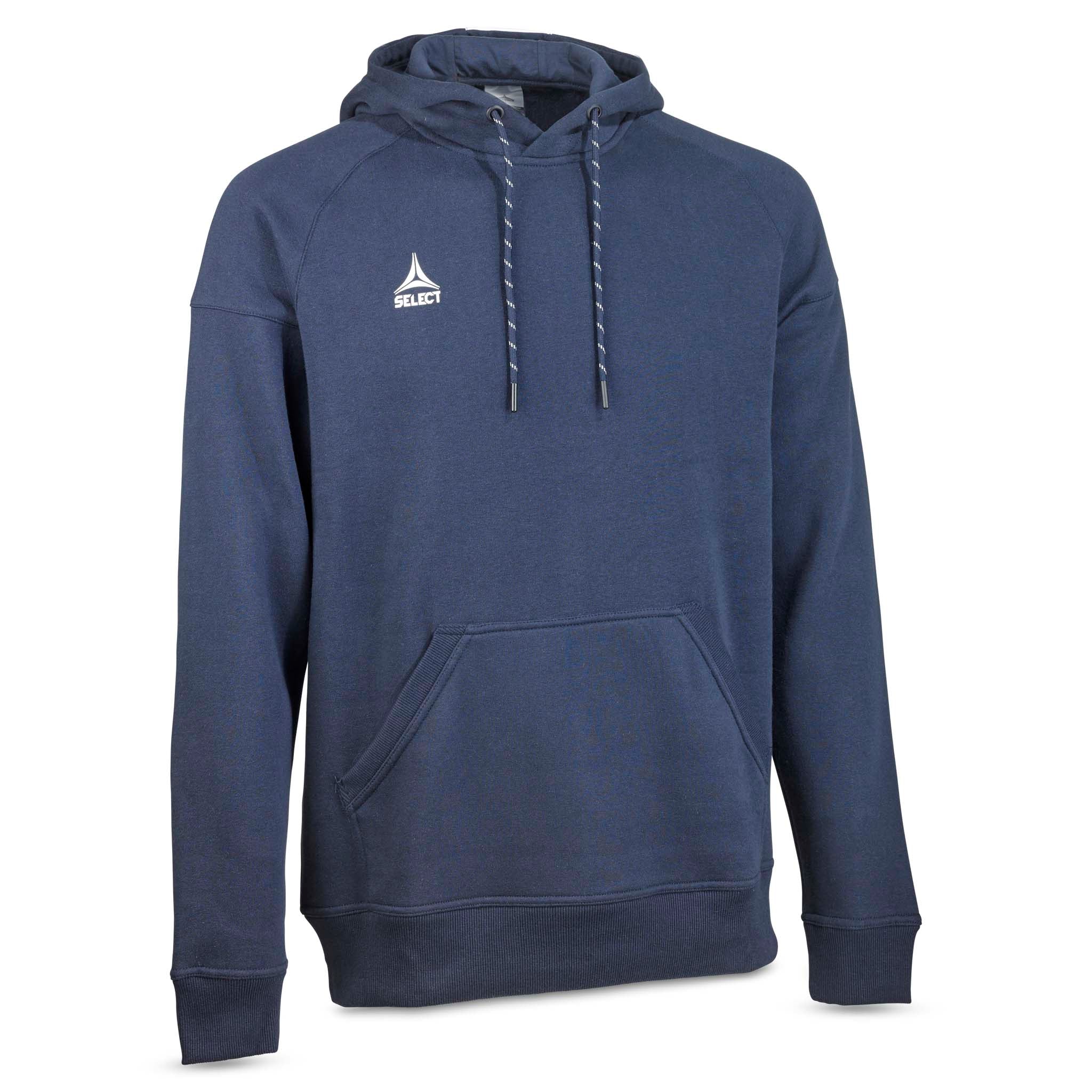 Marinblå Hoodie Oxford v25 fritidskläder, framifrån med huva, snören och ficka.