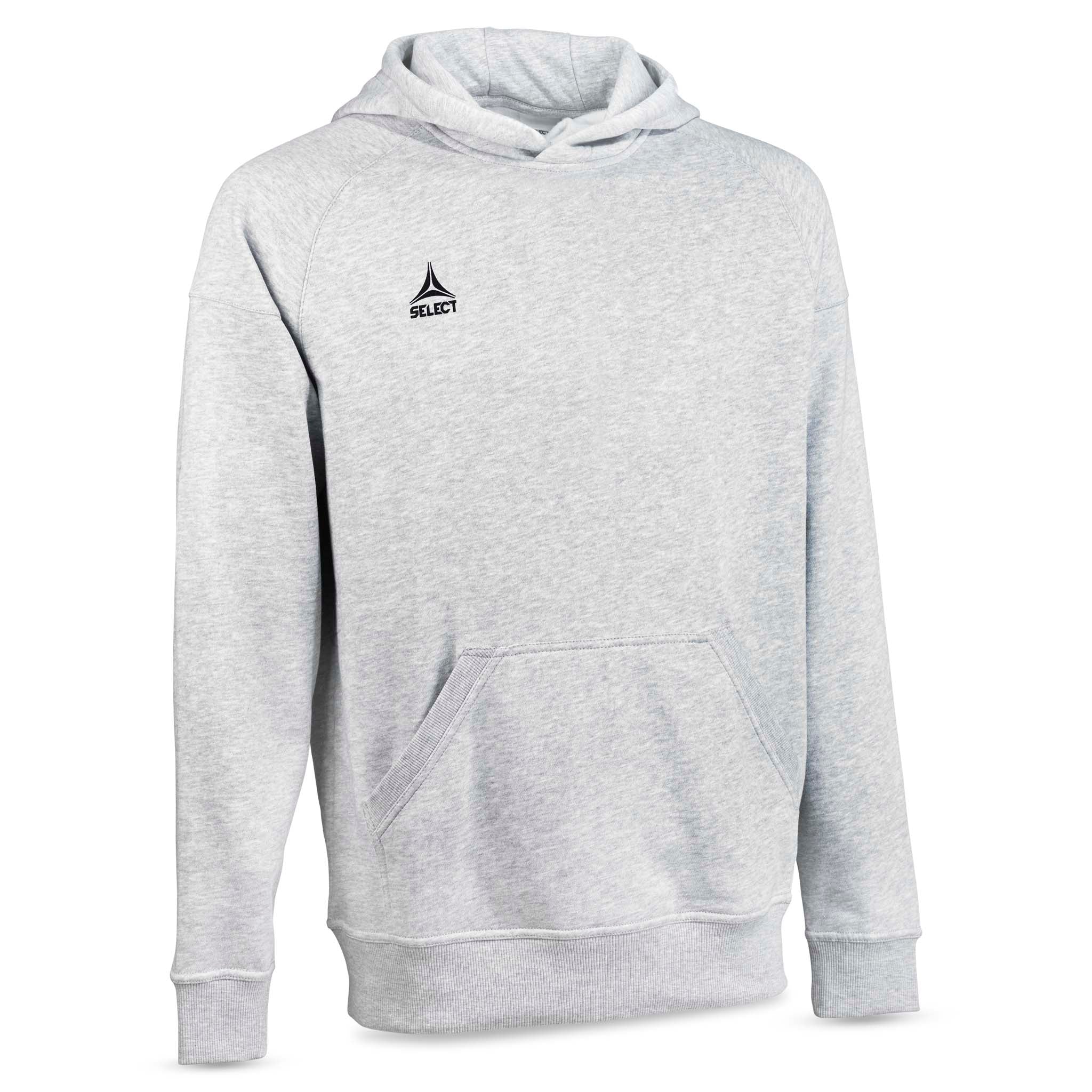 Grå Hoodie Oxford v25 fritidskläder, framifrån med huva, logga och framficka.