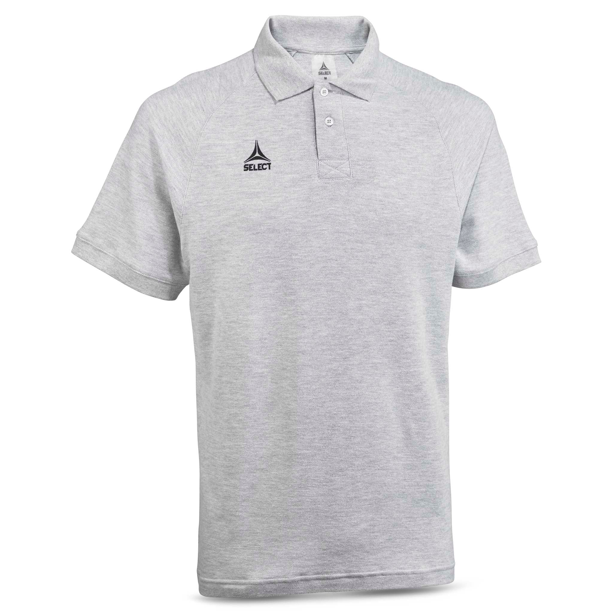 Framsida av grå Polo t-shirt Oxford v25, fritidskläder, med krage och knappar.