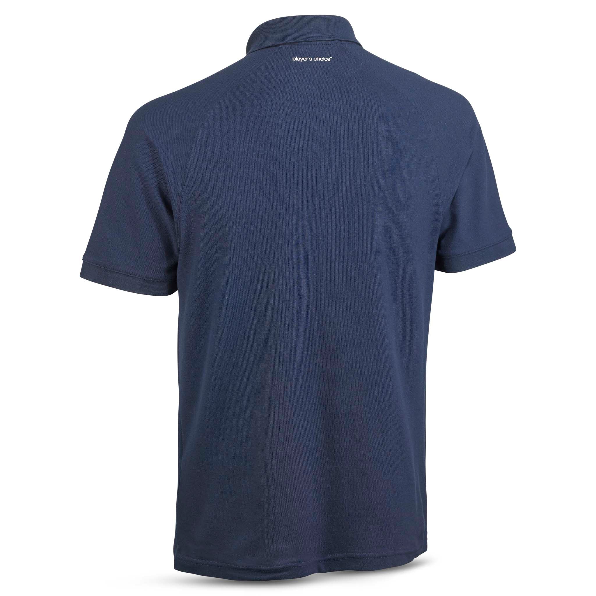 Baksida av marinblå Polo t-shirt Oxford v25, fritidskläder med krage och korta ärmar.
