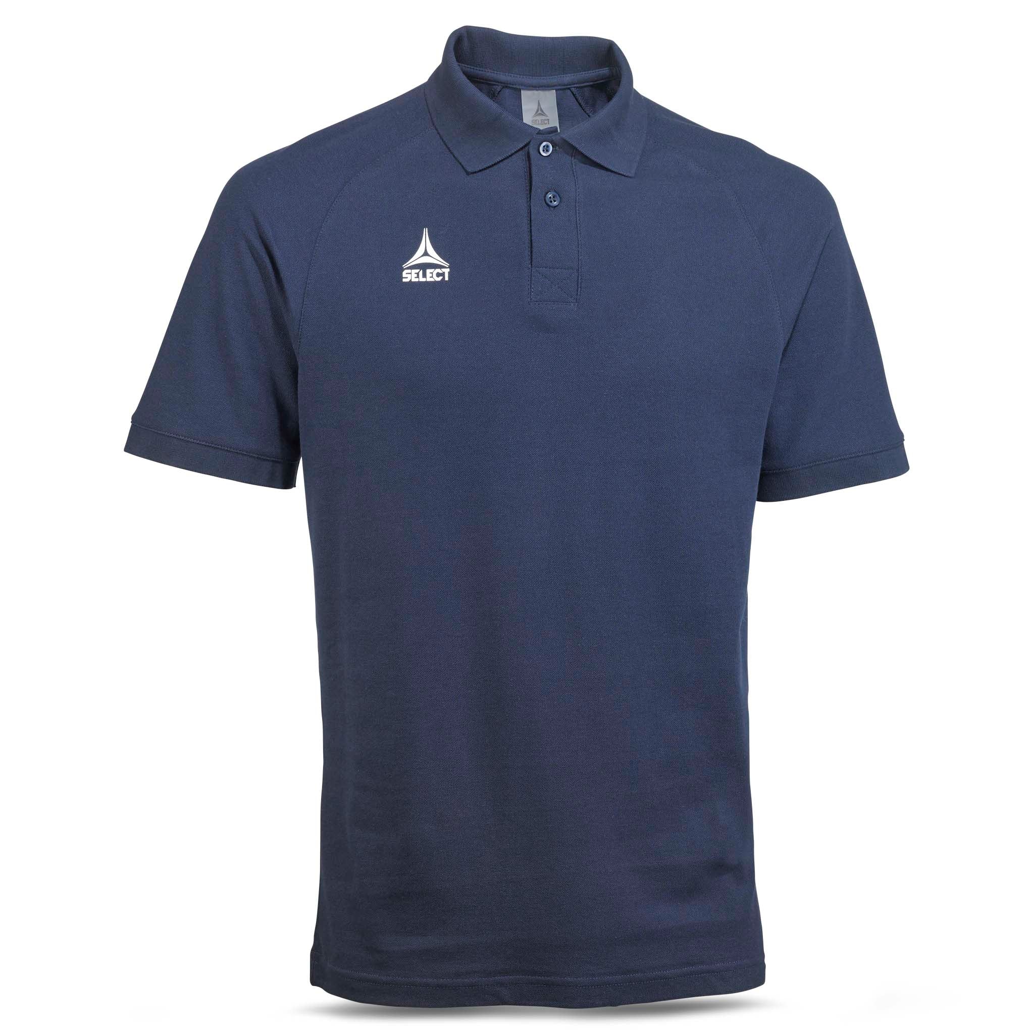 Marinblå Polo t-shirt Oxford v25, fritidskläder, sedd framifrån med vit logga på bröstet.