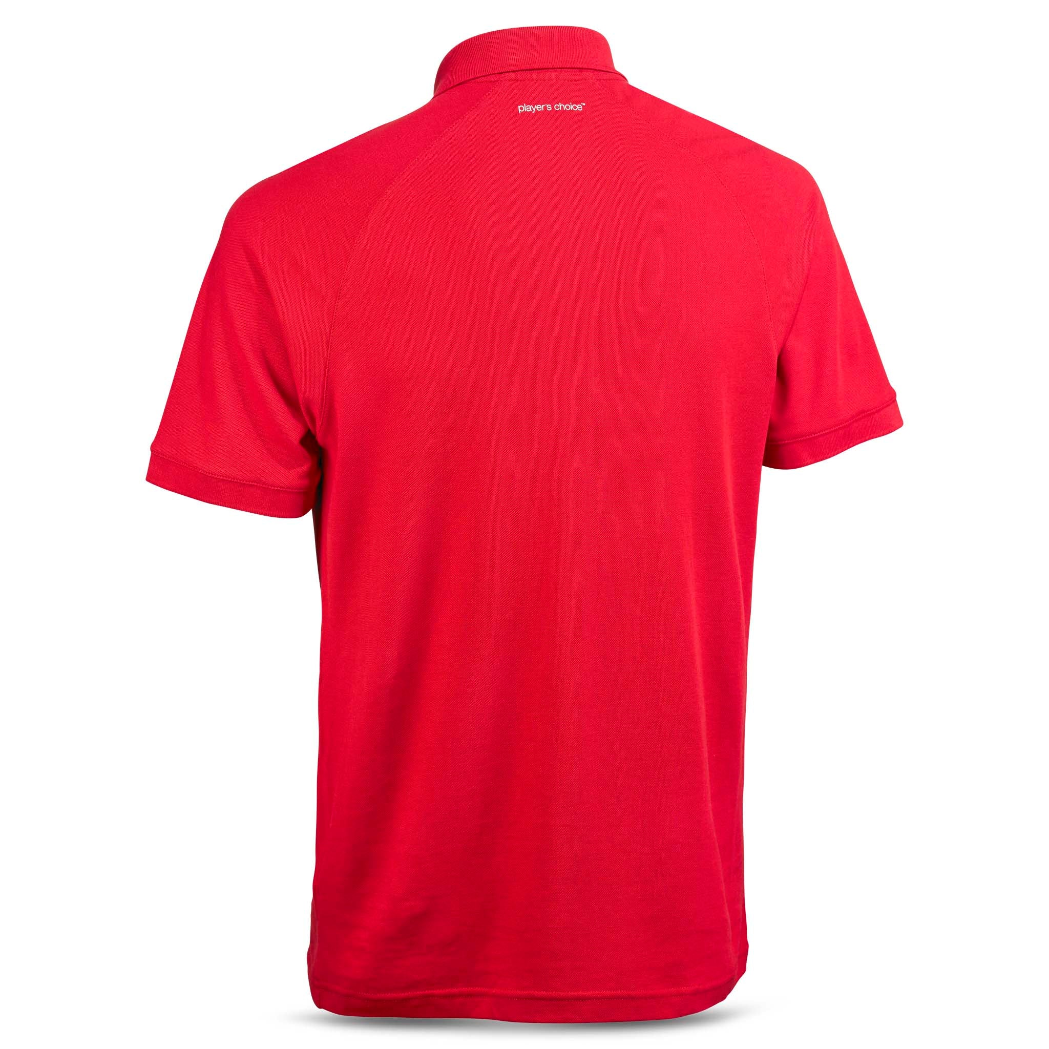 Röd Polo t-shirt Oxford v25, fritidskläder, sedd bakifrån med krage och korta ärmar.
